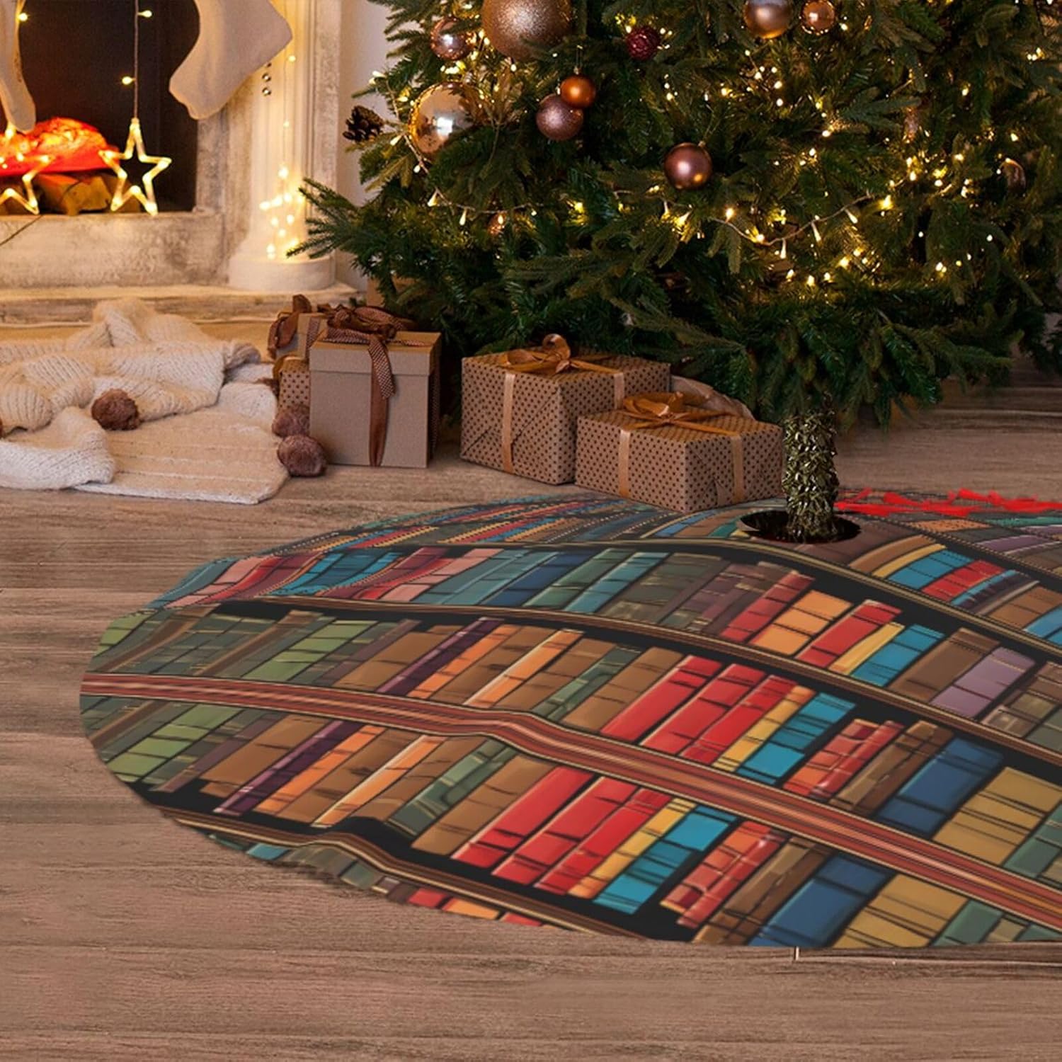 Library Bookshelf Christmas Tree Skirt with Ties - Double Layer Holiday Tree Mat with Non-Slip Bottom for Xmas Decorations