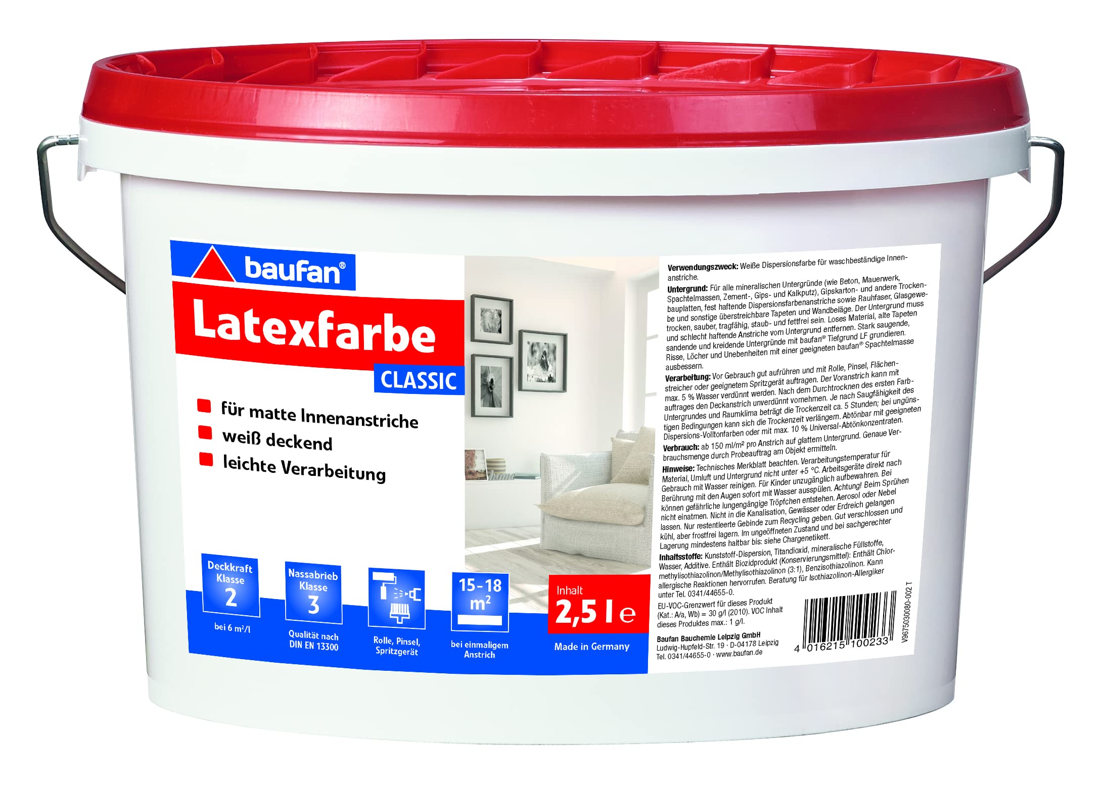 Baufan Latexfarbe classic 2,5 Liter | Nassabriebbeständig | weiß | für matte Innenanstriche | lösemittelfrei