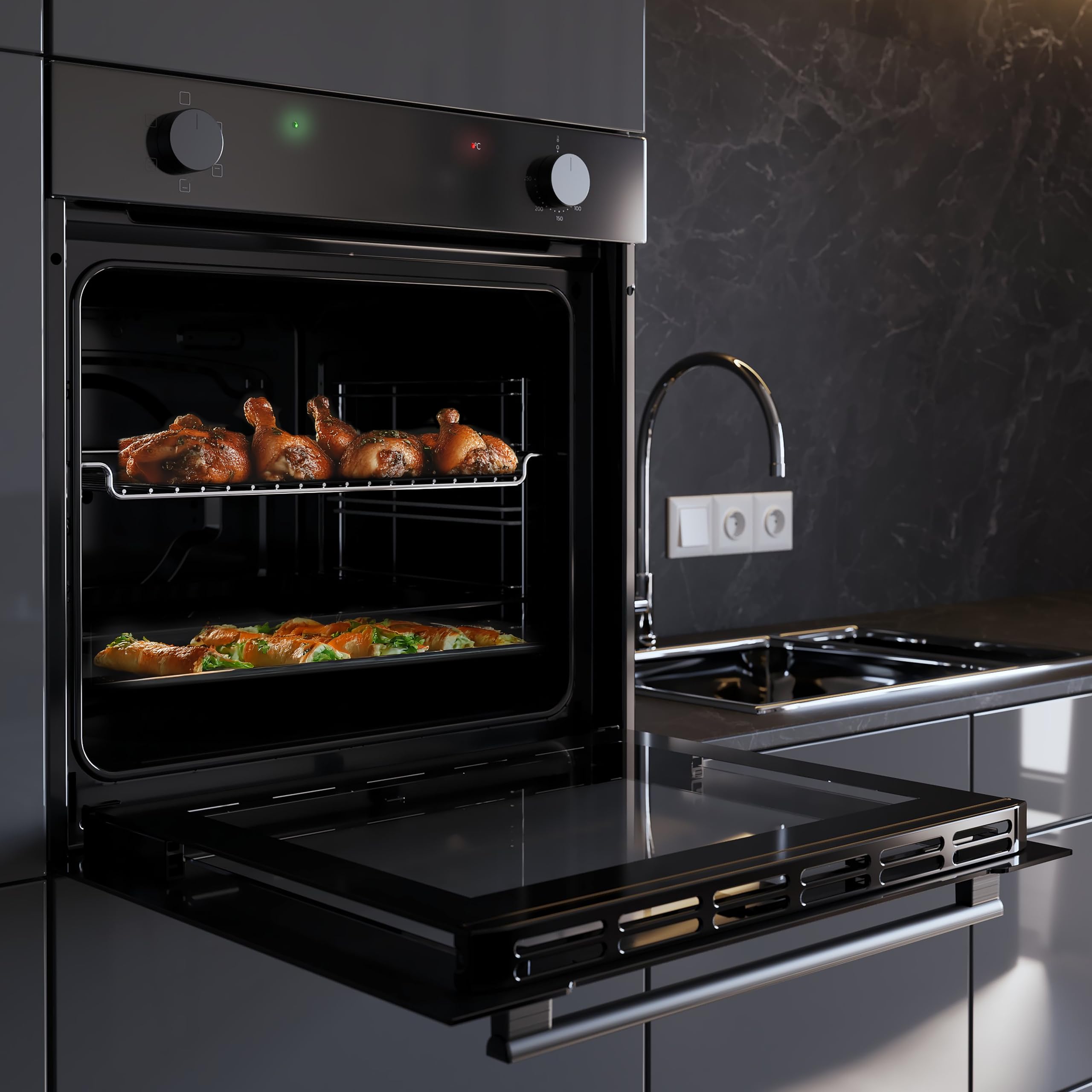 Cecotec Einbaubackofen Multifunktional Konventionell 80L Bolero Hexa C126400 Glass Black. 2800W, 5 Funktionen, Niedriger Verbrauch, Innenbeleuchtung, Steam Assist, Steam EasyClean, Kalte Tür 2 Gläsern