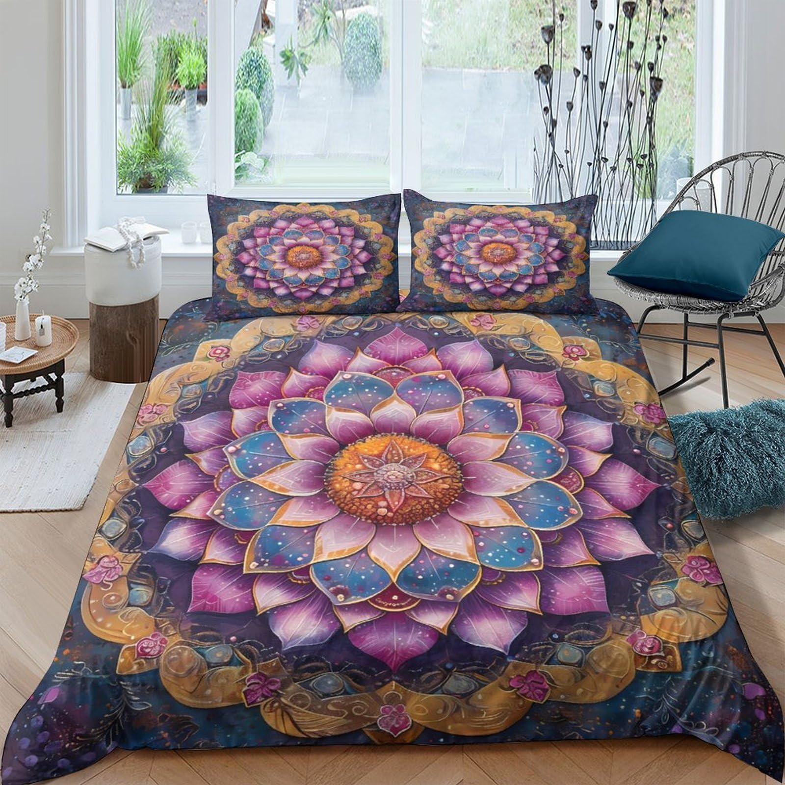 Ctjqhvkz Style-2 3D Printed Mandala Blossom Fitted Sheet Microfiber Soft Artful Lotus Bed Cover For Bedroom Guest Room Decor Dustproof Single（135X200cm）
