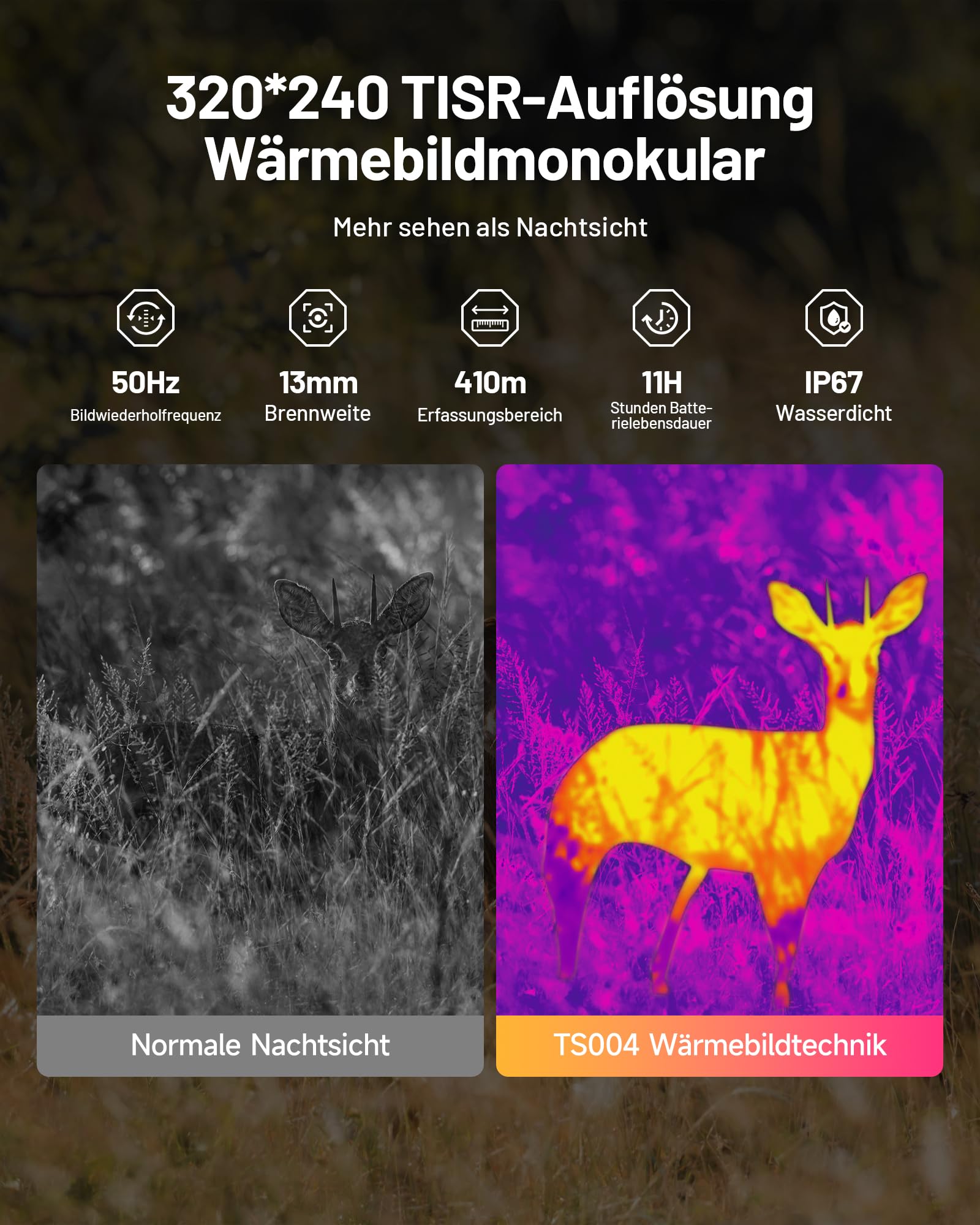 TOPDON TS004 Wärmebildkamera Jagd, 320x240 TISR IR-Auflösung 50Hz Wärmebild-Monokular, 13mm Objektiv, 11h Laufzeit, 410m Erfassungsreichweite, Wärmebild-Nachtsichtgerät mit 8X Zoom,32GB Speicher,WiFi
