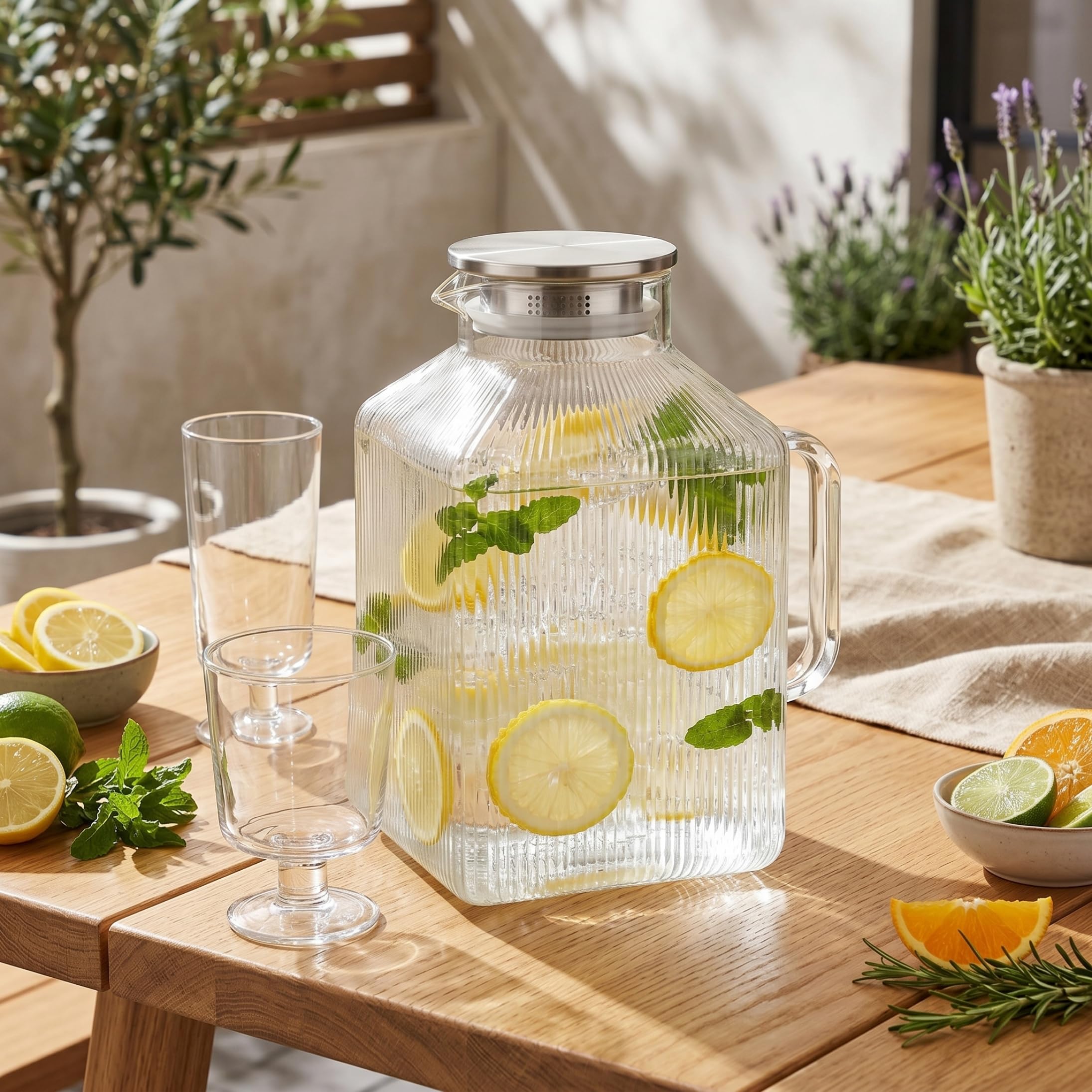 Glaskrug mit Deckel, 3,5 l Glaskrug mit Deckel, quadratisch, vertikal strukturiert, 3,6 l, großes Fassungsvermögen für kalte Getränke