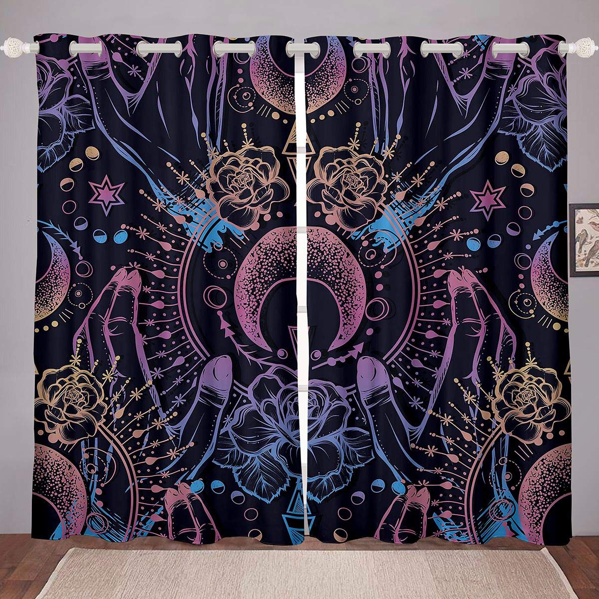 Sun and Moon Print Curtain Boho Exotic Window Treatments For Kids Children Teens Bohemian Style Window Drapes Galaxy Astrology Hippie Design Window Curtain Bedroom Decor W66*L90 — image 1