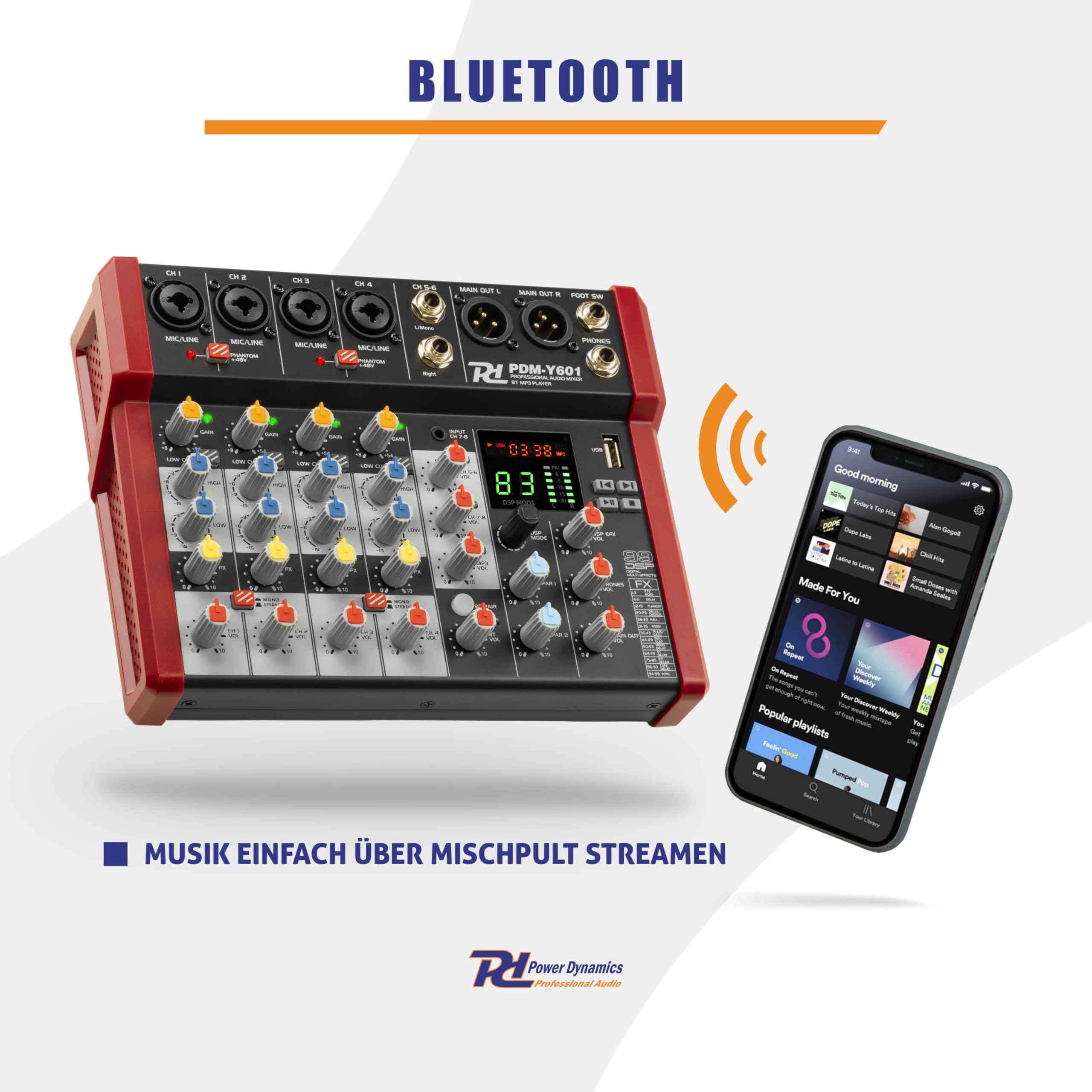 Power Dynamics PDM-Y601 6-Kanal Audio Mixer Mischpult Bluetooth, 48V Phantom Power, Soundboard PC, USB MP3 Audiomischpult Studio, Aufnahmen, 99 DSP Effekte, 24bit, 48kHz, Klinke, XLRY