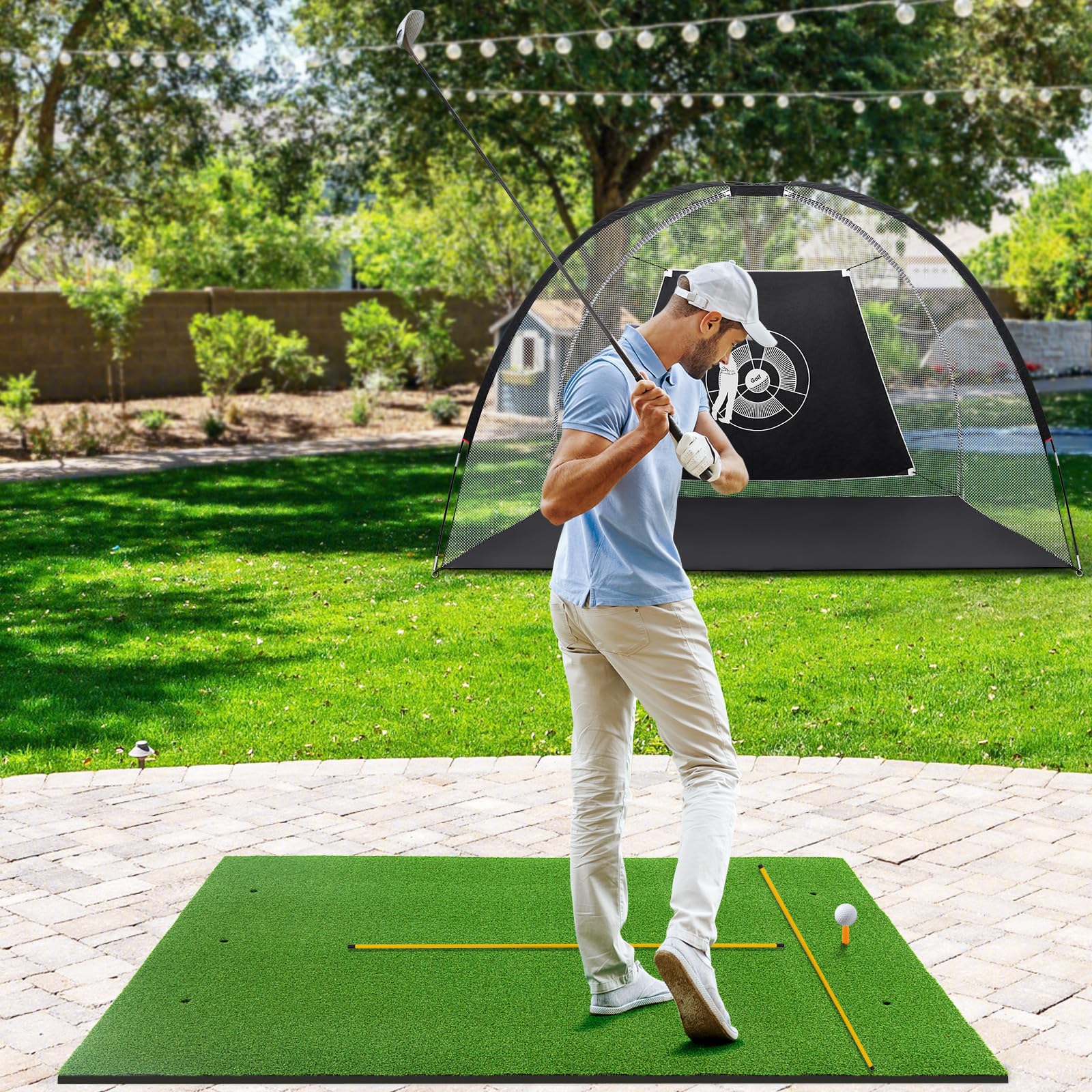 GOPLUS Tapete de Golf para Golpes, Tapete de Césped Artificial para Interior y Exterior, Alfombrilla de Golf con 2 Varillas de Alineación y 2 Tees para Amantes y Principiantes
