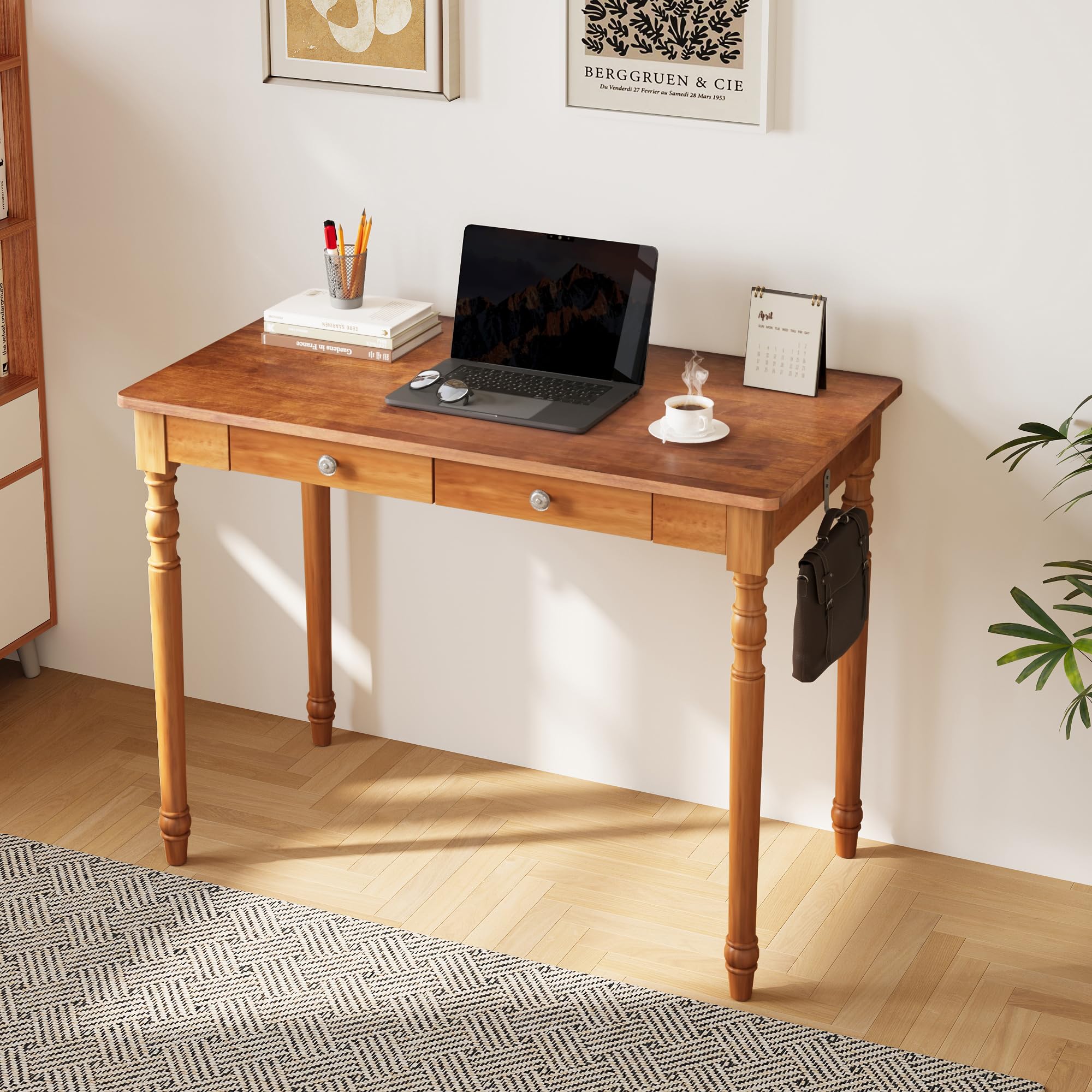 ENPKLUTE 40 Inch Mid Century Modern Desk - Rubber Wood Desk with Drawers, Writing Desks with Drawers, Mid Century Desks for Bedroom, Living Room &