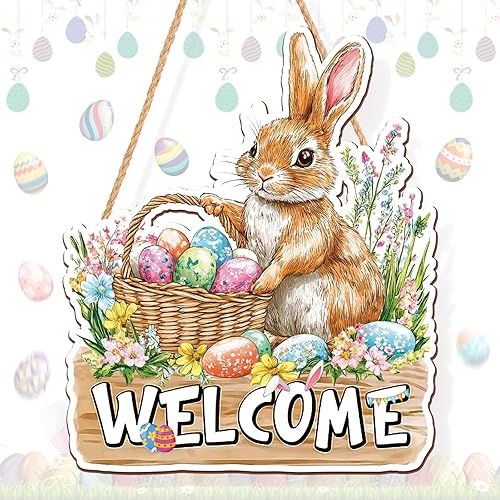 Easter Bunny Welcome Wooden Door Sign, Spring Farmhouse Hanging Rabbit