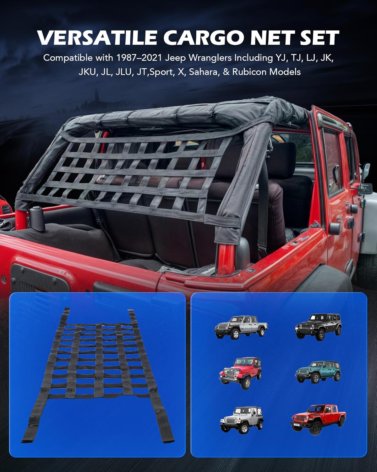 Orion Motor Tech Mesh Cargo Net 2 Pack, Rooftop Hammock Compatible with 1987-2022 Jeep Wrangler YJ TJ JK JL & Gladiator JT Jeep Wrangler Hammock Top Netting 4-Door and 2-Door