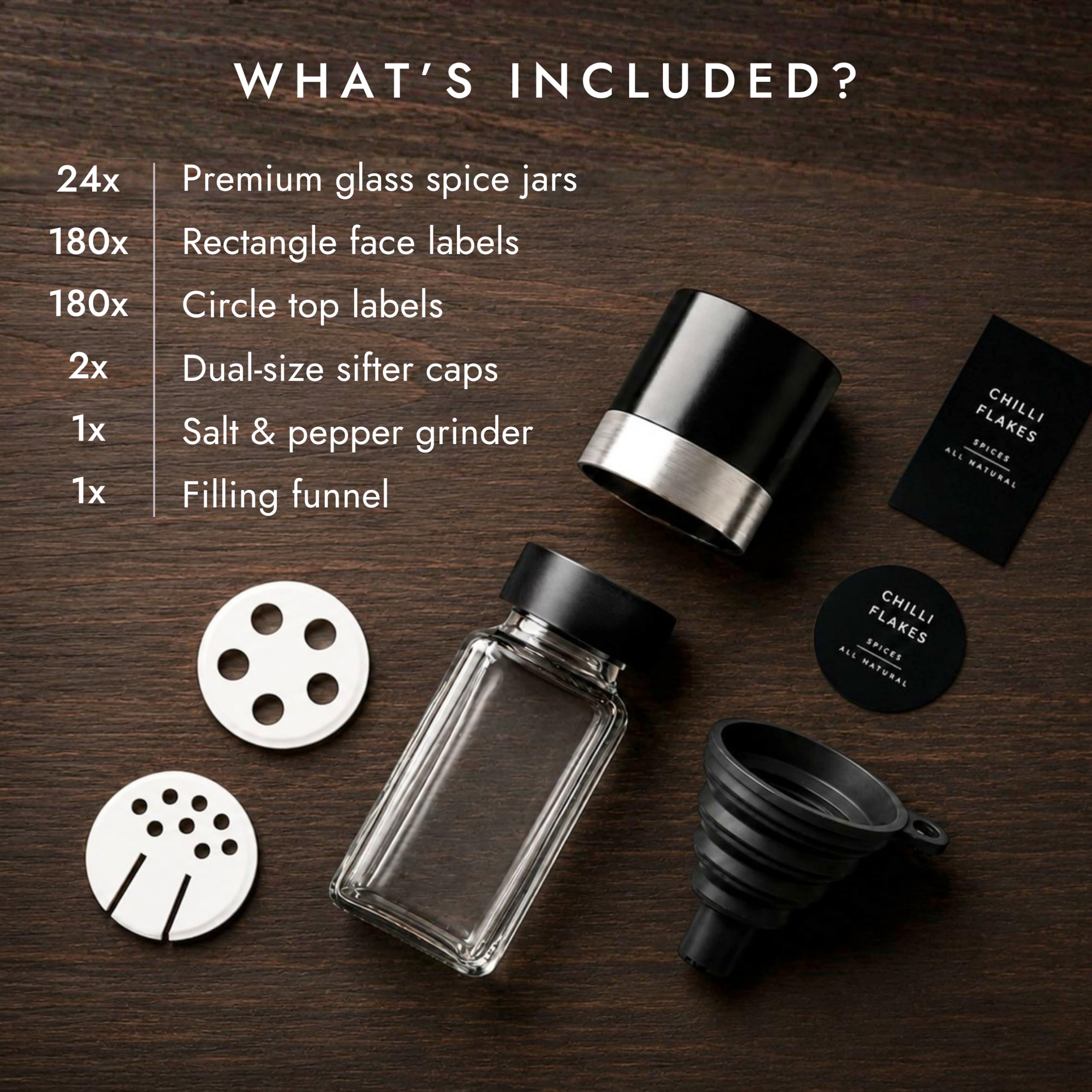 Livabl Schwarze Bambus-Gewürzgläser mit Deckel (120 ml, 24 Stück) und Etiketten, Glas-Vorratsdosen mit Bambusdeckel, 360 minimalistische, wasserdichte Gewürzglas-Etiketten, luftdichte Küchenbehälter
