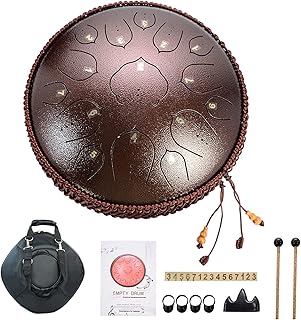BQKOZFIN 14 Inch Steel Tongue Drum 15 Notes Hand Drum Percussion Instrument Tank Drum Set with Drumsticks, Drumstick stand, Carry Bag, Tutorial Book, Note stickers, Finger cot, Red Copper