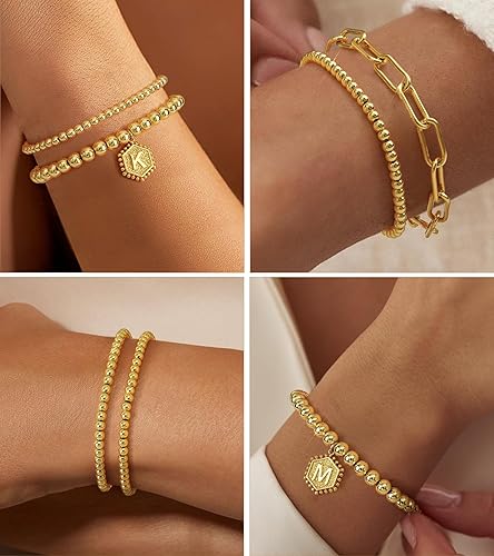 Miniatura 4 de doubgood - Pulseras de cuentas doradas para mujer, apilables, elásticas, chapadas en oro auténtico de 14 quilates, con dije de letras