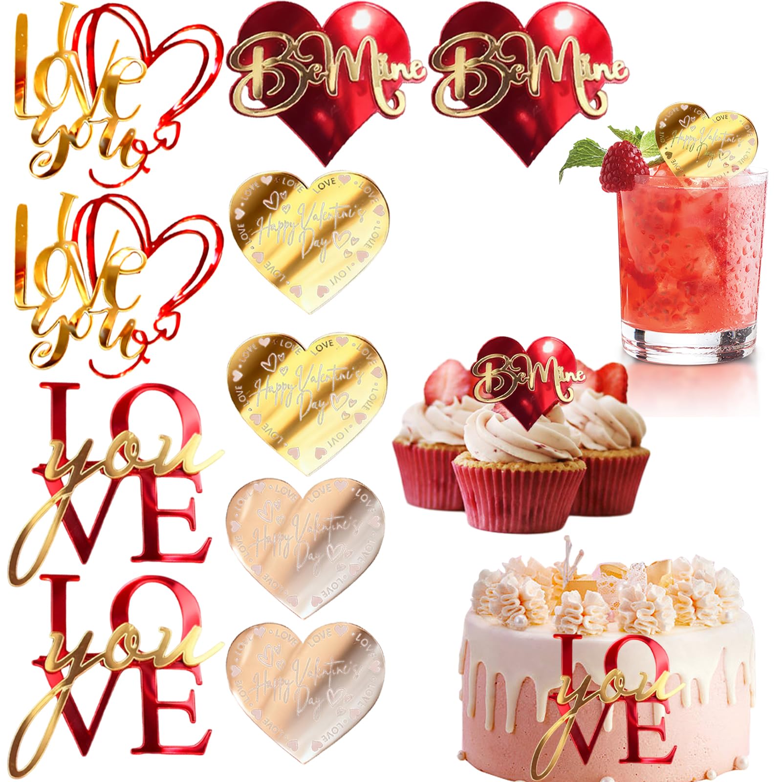 Photo 1 of 10 Pcs Happy Valentine's Day Cupcake Toppers Acrylic Red Gold Mirror Heart Cake Decoration Wedding Anniversary Party Decorations Supplies