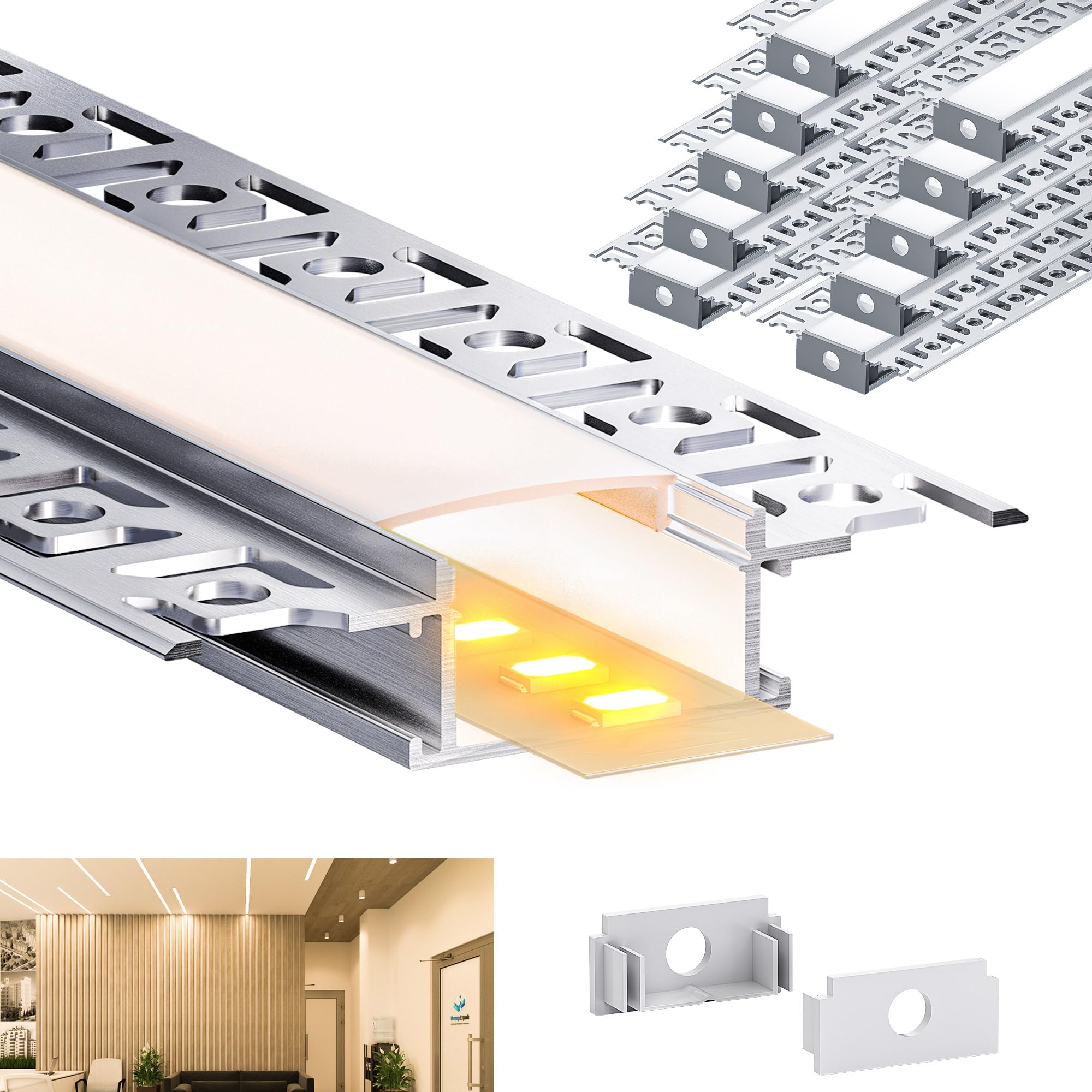 10 x LED Trockenbauprofil 2M, LED Profil für Decken- und Wandmontage,Unterputz Profil mit 10 milchigen Abdeckpaneelen, ideal als Fliesenprofil für Streifenkanal-Diffusoren