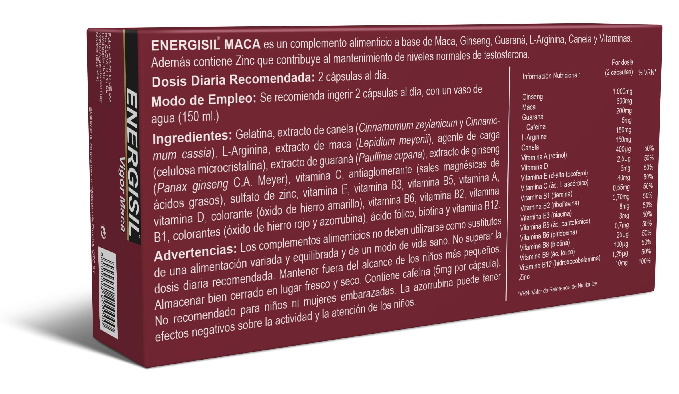 Energisil Vigor Maca 30 Cápsulas - Efecto Afrodisiaco - Contribuye a Estimular el Deseo Sexual y a Mantener los Niveles de Testosterona - con Maca, Ginseng, Canela, L- Arginina, Zinc y Vitaminas