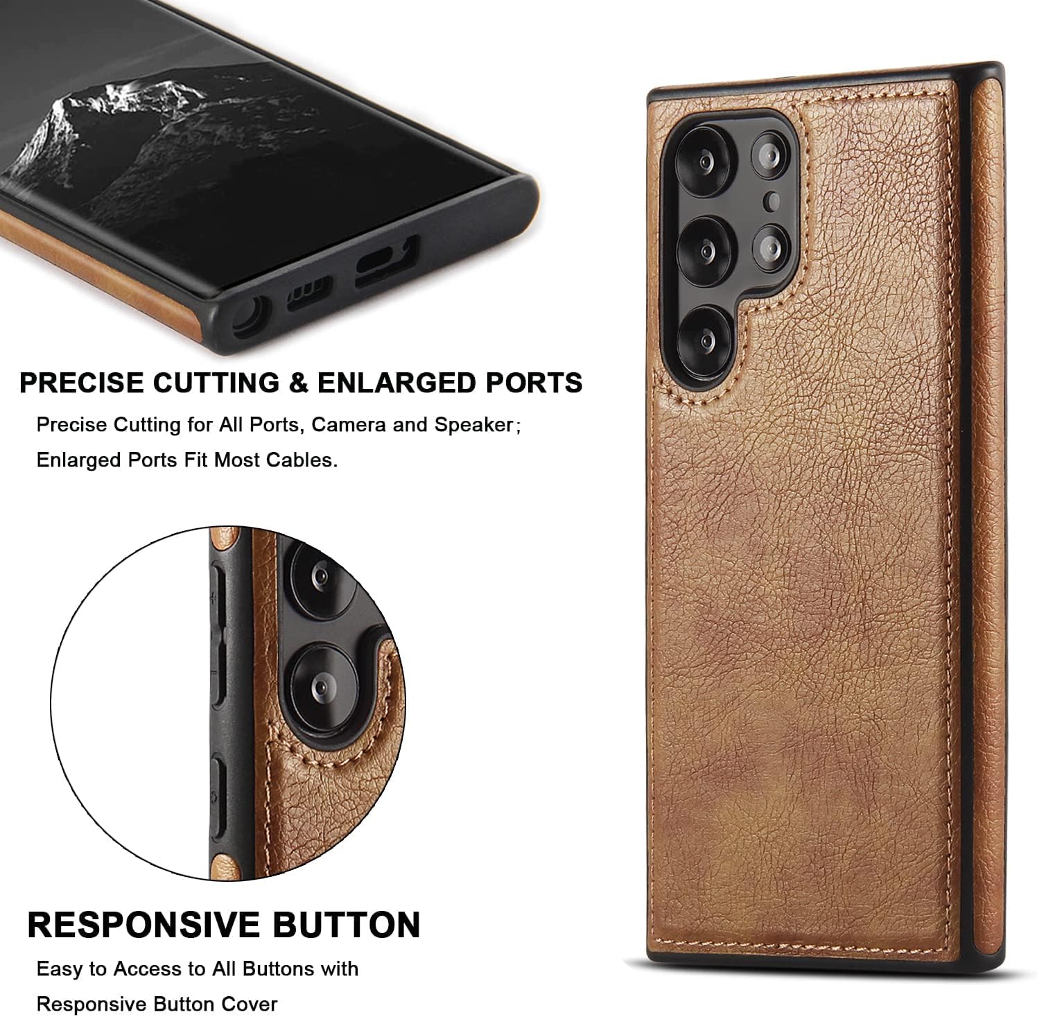 PU Leather Case for Samsung Galaxy S23 Ultra, Retro Premium Leather Luxury Business PU Non-Slip Grip Shockproof Bumper Full Body Protective Cover Phone Cases for Galaxy S23 Ultra 5G (Brown) - Image 7