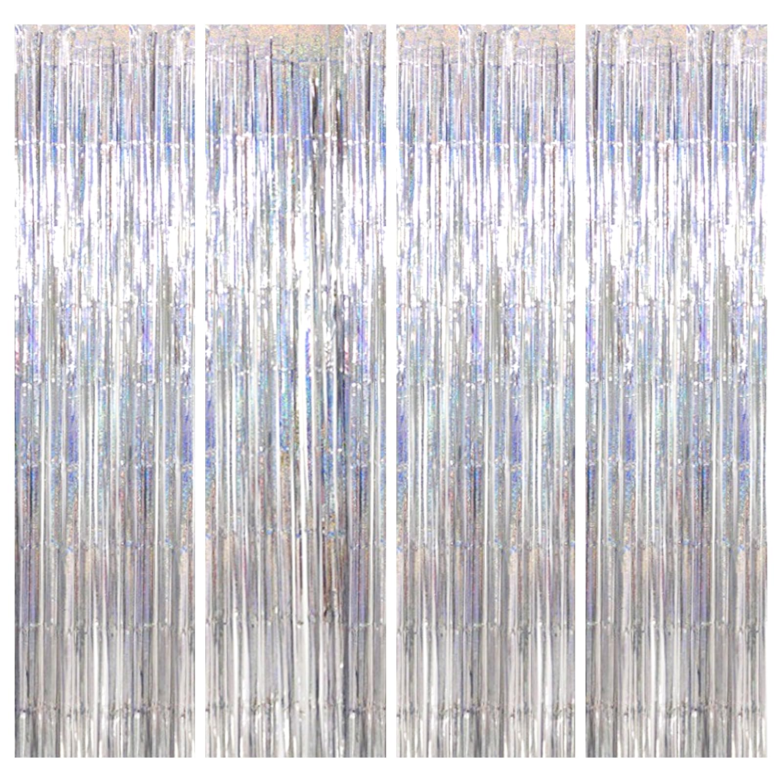4pcs Silver Laser Foil Curtain, 3.2ft x 6.5ft Silver Laser Tinsel Curtains, Metallic Tinsel Streamers Backdrop, Laser Glitter Party Curtain, Tinsel Foil Fringe Curtains, Glitter Party Curtain
