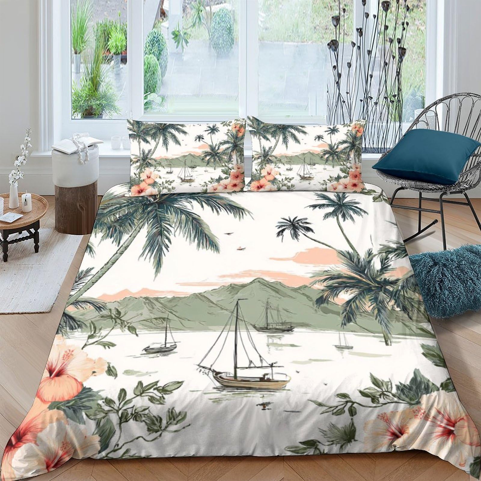 Ctjqhvkz Style-2 3D Printed Tropical Island Fitted Sheet Microfiber Soft Palm Tree Sailing Bed Cover For Bedroom Guest Room Decor Single（135X200cm）