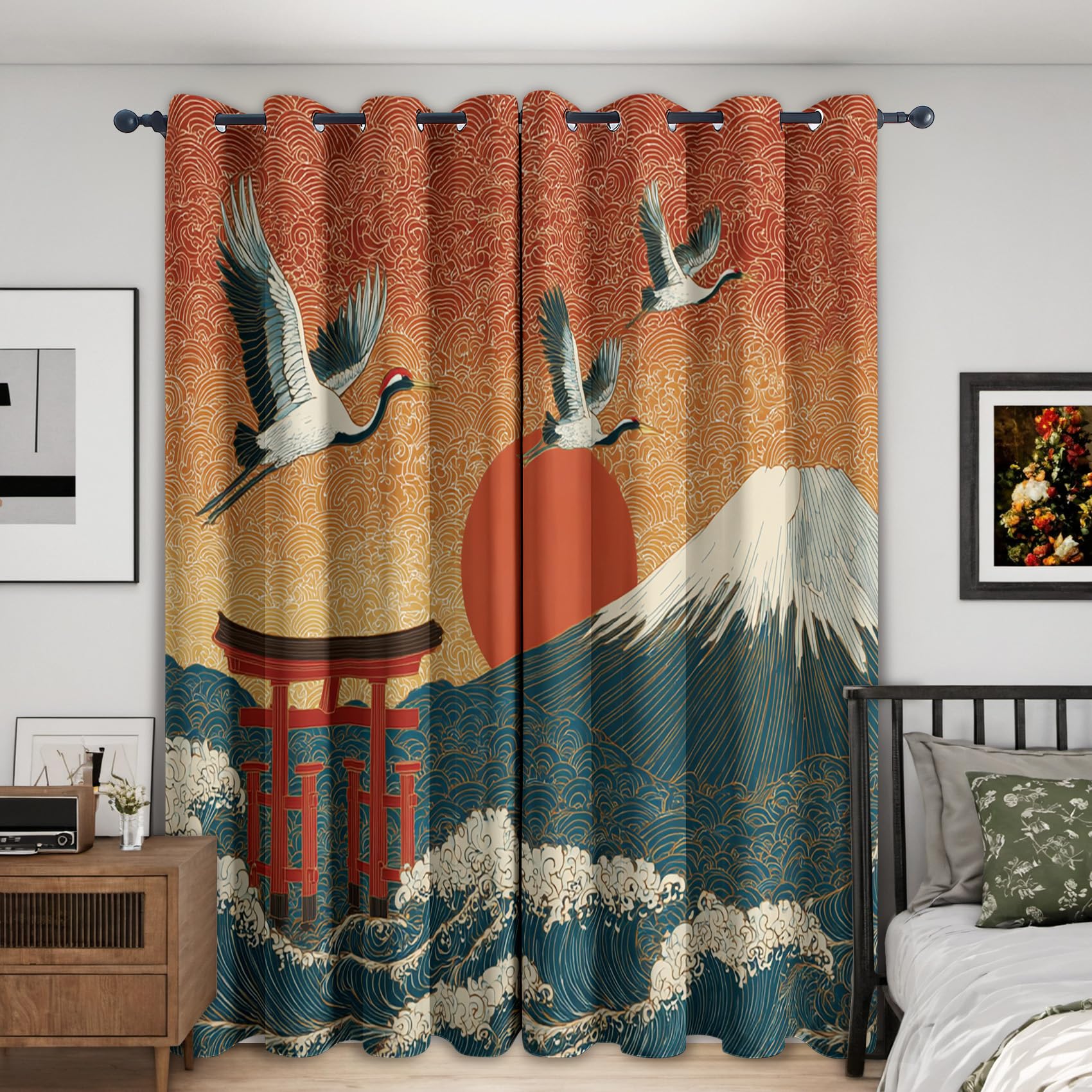 Japanese Curtains 90x108 Inch 2 Panels, 95% Blackout, Japan Ukiyo-e Torii Curtains for Bedroom, Living Room, Home Decor, Thermal Insulated Eyelet Window Drapes YD164