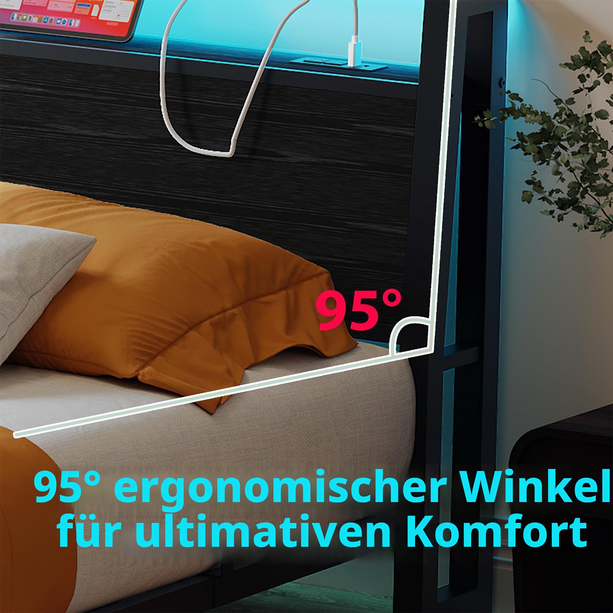 Bett 120x200 mit Ergonomischem Kopfteil mit Stauraum, Bodenbett Niedriges Metallbett, Bettgestell mit Ladestation und LED Beleuchtung, jugendbett 120x200 für Schlafzimmer Gästezimmer,Schwarz