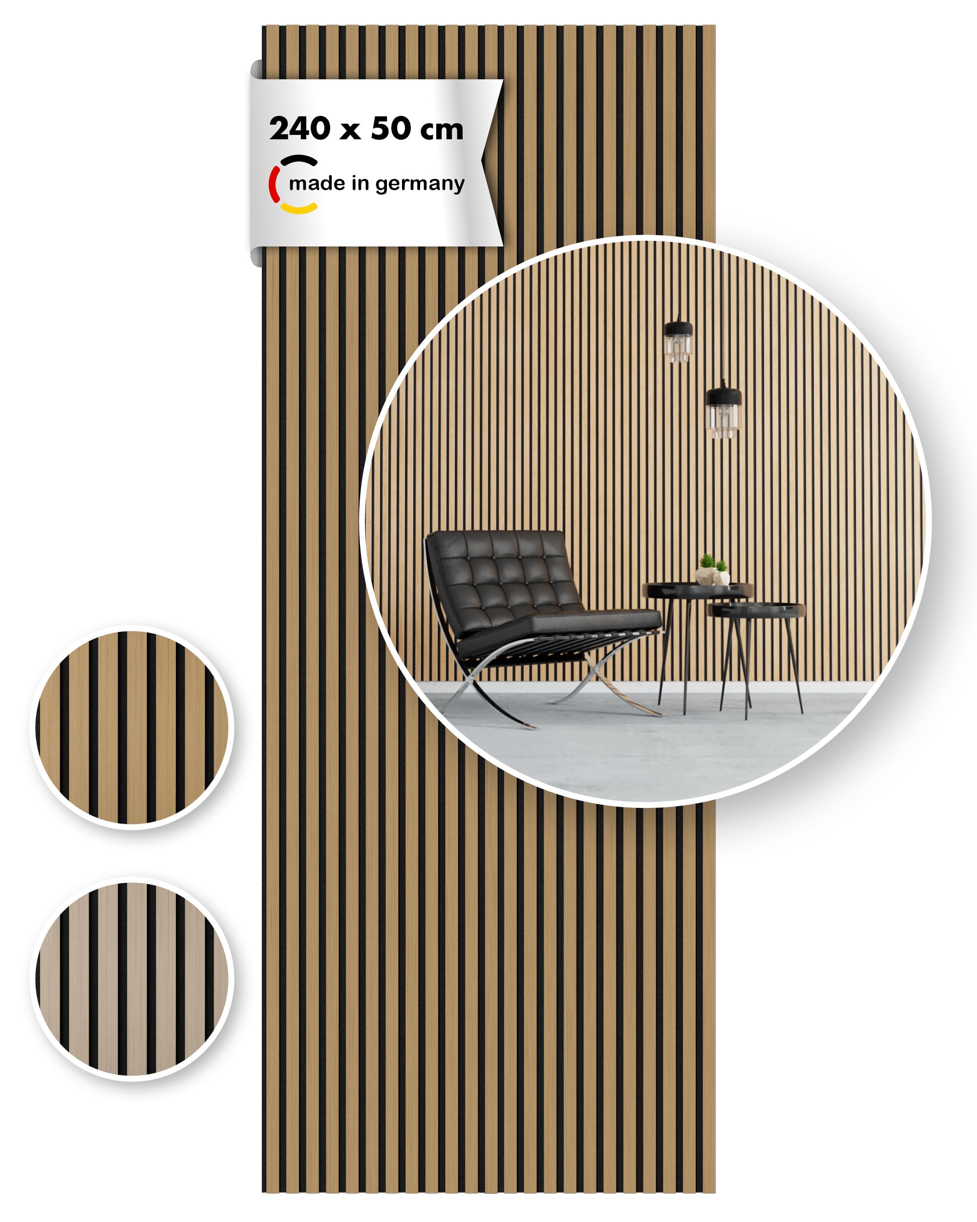 Momento Akustikpaneele Holz 240x50 cm - Made in Germany - Eiche Geölt Dekor - Wandverkleidung Wandpaneele Holz Eiche als 3D Lamellenwand für effektiven Schallschutz - Akustik Holzpaneele Wand