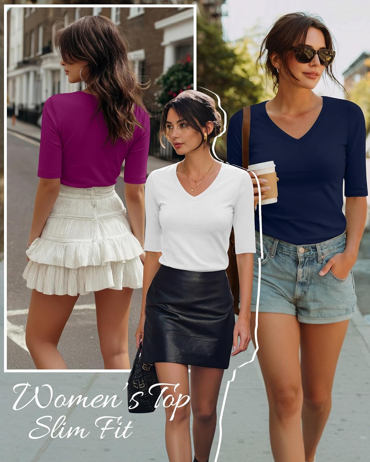 4 Pack Elbow Length Tee Shirts for Women V Neck Half Sleeve T Shirts Slim Fit 1/2 Sleeve Tops Basic Tees - Image 2