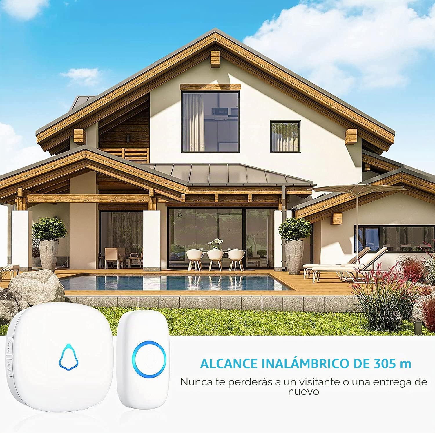 Timbre Inalámbrico Exterior Impermeable, Doorbell con 3 Receptores + 2 Botón a Pila, 58 Melodías, 5 Niveles Volumen 0–120 dB, Luz LED, 300 m Alcance, Campainha Sem Fios para Casa Apartamento, Blanco