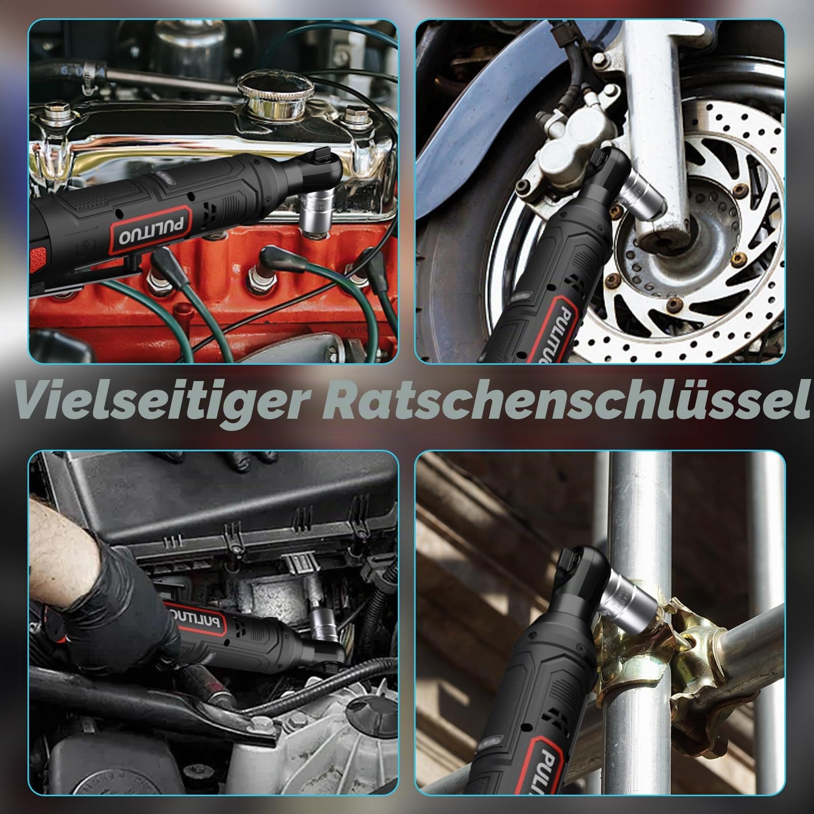 PULITUO Elektrische Ratschenschlüssel Set, 12V Akku Ratschenschlüssel 3/8" mit 2pcs 2000mAh Akkus und Ladegerät, 50N.m, 10 Steckdosen und LED-Licht