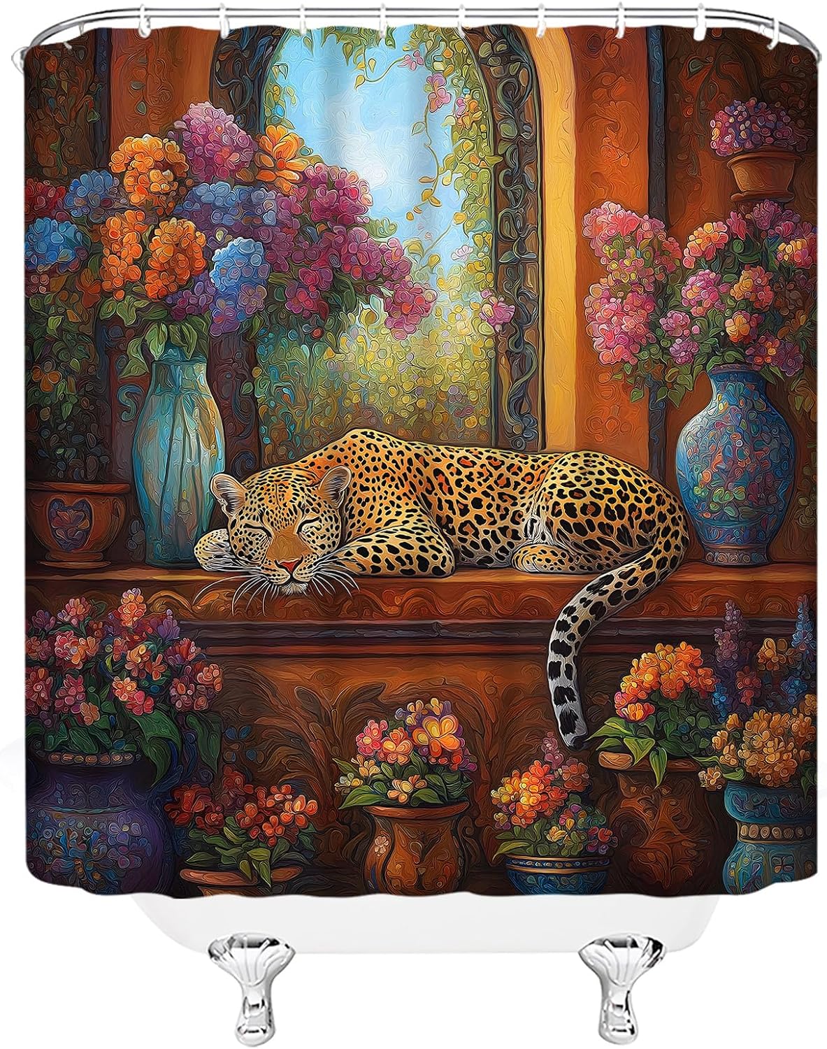 Mid Century Leopard Shower Curtain Modern Abstract Vintage Wild Animal Leopard Cheetah Colorful Flower Retro Oil Painting 70" Wx96 H Bathroom Decor Curtain with Hooks
