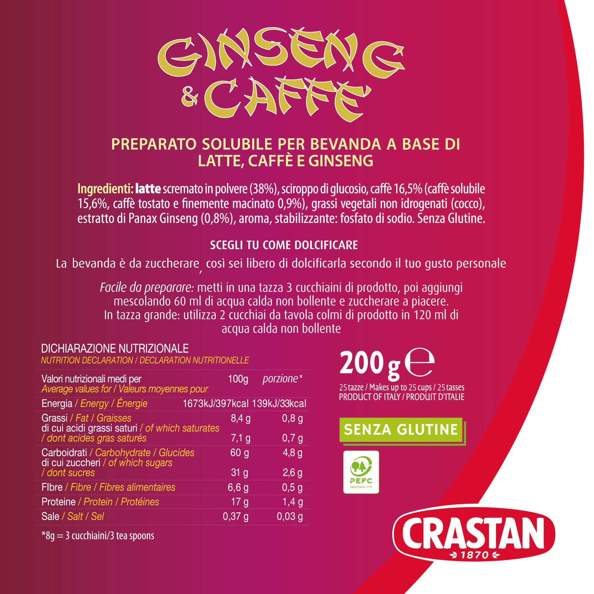 Crastan, Ginseng & Caffè, Preparato Solubile a Base di Ginseng e Caffè da Zuccherare a Piacere, 50 Tazze, Bevanda Senza Glutine e Grassi Idrogenati, 100% Made in Italy, 2 Barattoli da 200 gr