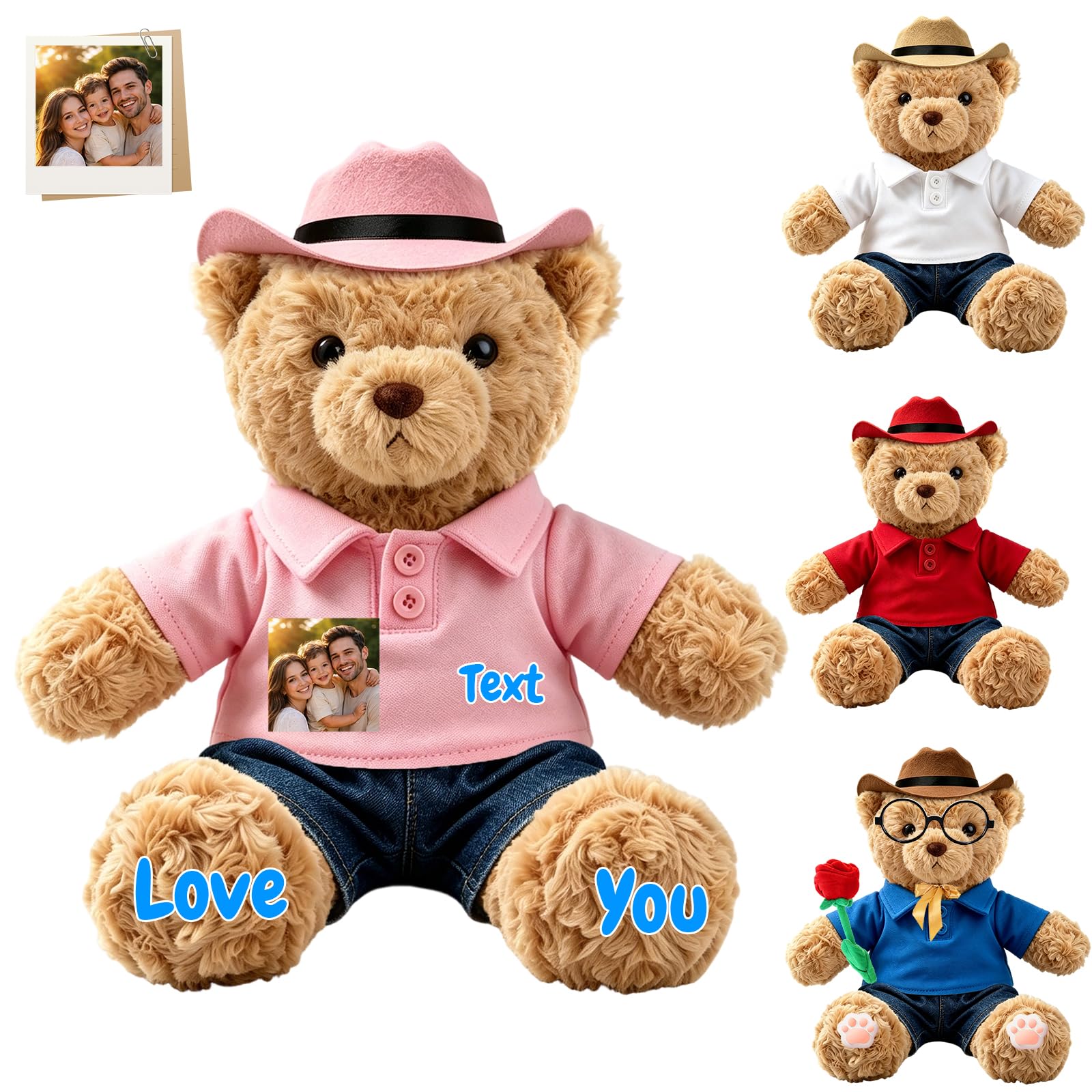 JABECODIFA Personalised Teddy Bear Stuffed Animal with Custom Photo and Name, 10 Inch Soft Brown Teddy Bear with Clothes Pants and Hat as Gift for Kids Christmas Valentine Graduation