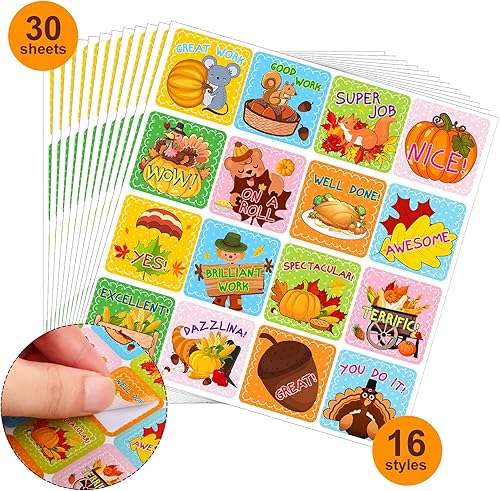 Miniatura 3 de Zonon 480 calcomanías de otoño para niños, recompensa motivacional de Acción de Gracias, calabaza de otoño, hojas de arce, pavo, maíz, ardilla,