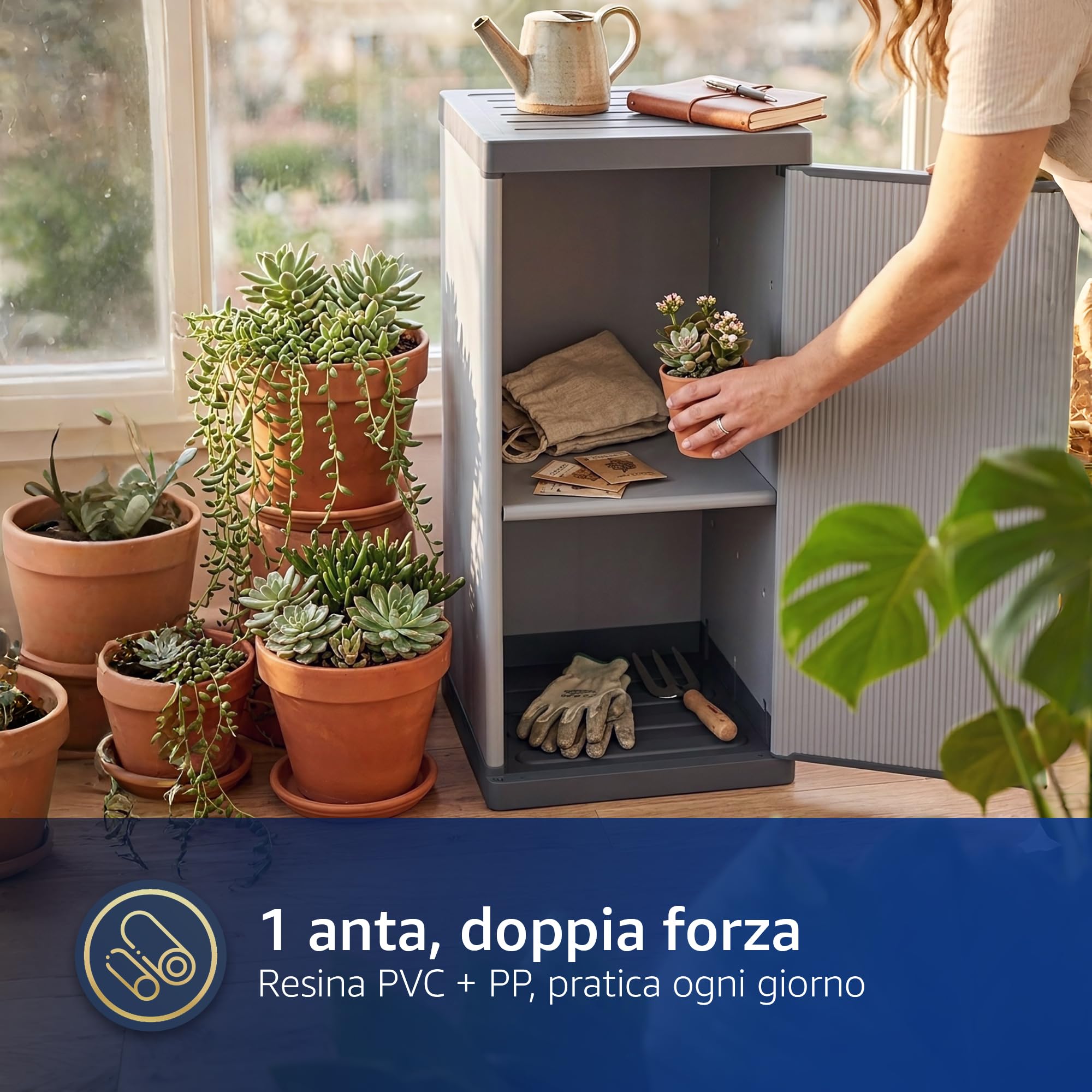 Sicignano Armadietto Modulare in Resina a 1 Anta, Colonna Salvaspazio Stretta con Ripiani Regolabili, Mobile Multiuso per Interno, Esterno, Lavanderia e Bagno, Grigio (cm.34x38x85h, 2 Piani)