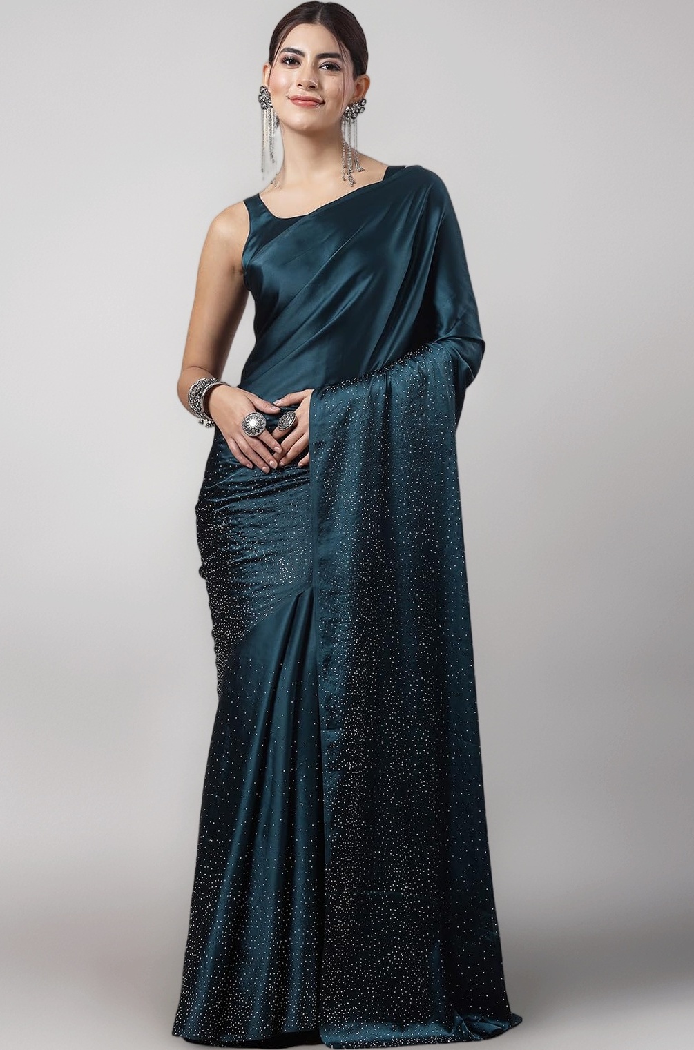 Women's Satin Silk Hot Fixing Stone Work Saree with Unstitched Blouse