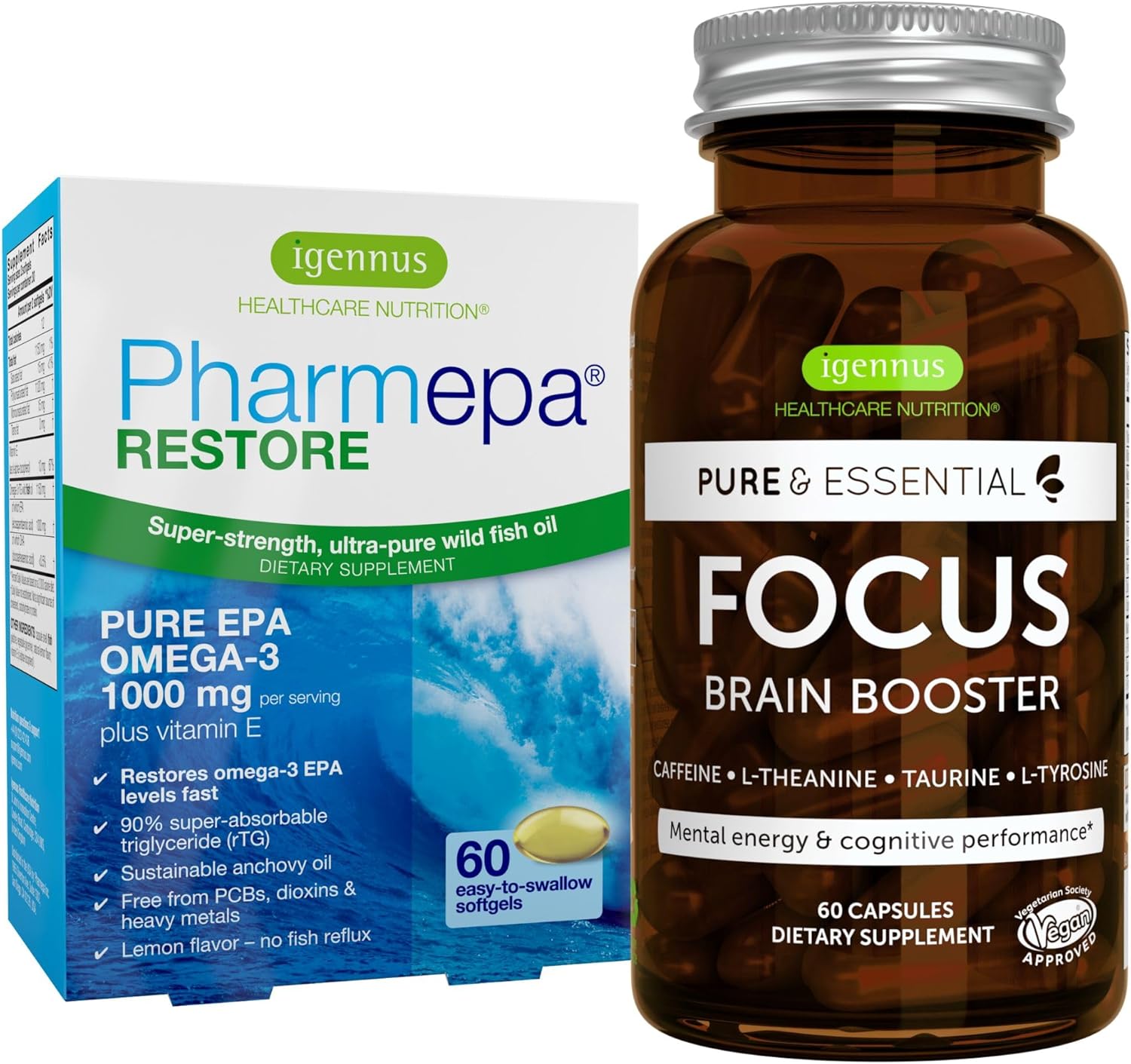 Igennus Pharmepa Restore + Focus Nootropic Attention & Focus Bundle, 1000mg Pure EPA Fish Oil + 200mg Natural Caffeine, Methylated B-Vitamins, L-Theanine, Taurine & L-Tyrosine