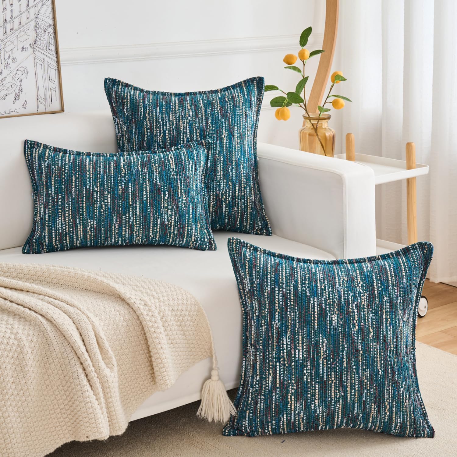 Premium Series Fringe Boho Throw Pillow Cover, Linen Woven Luxury Thick Cushion Case with Tassels for Home Décor, Teal, 20x20 Inch