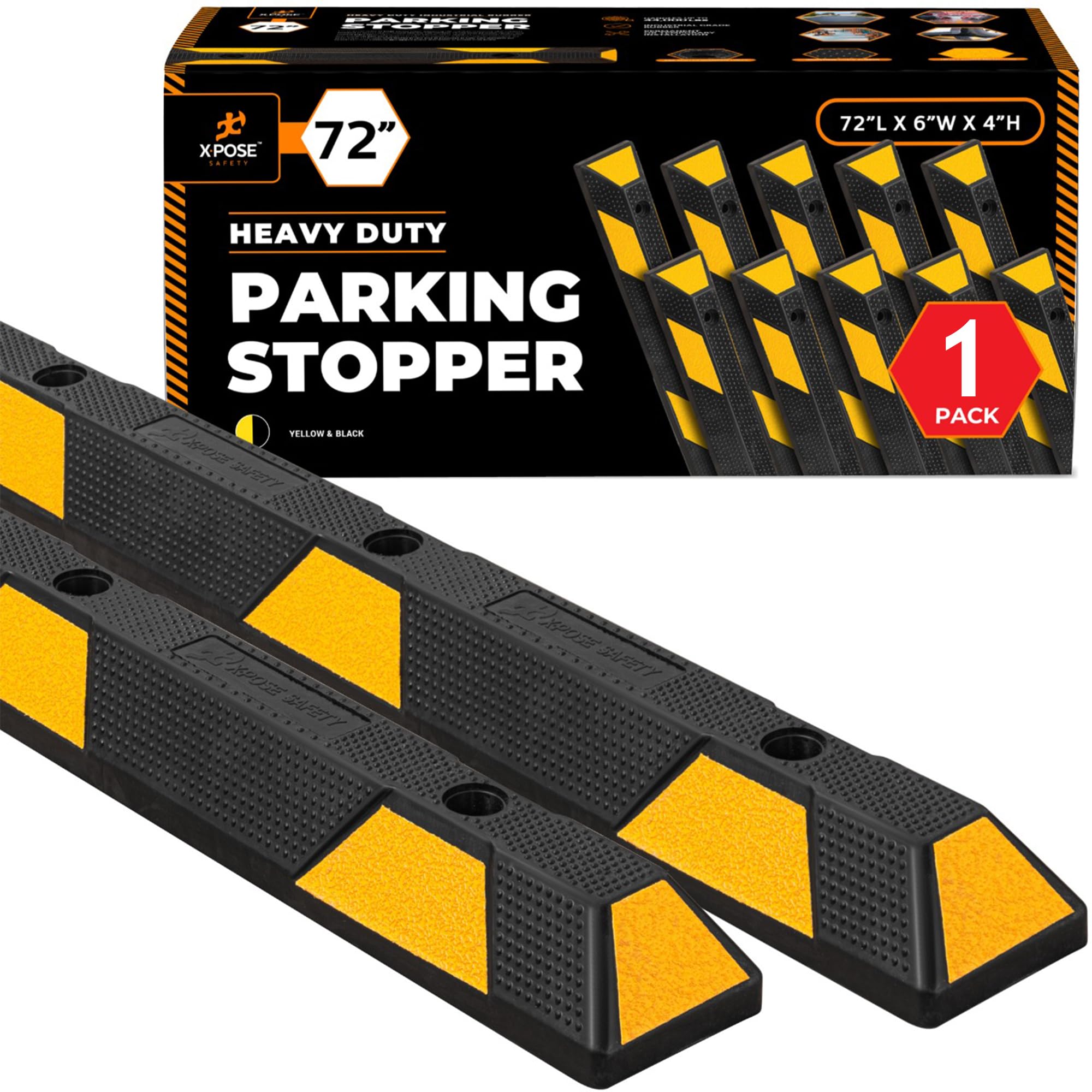Xpose Safety 72" Heavy Duty Rubber Parking Stopper – 1 Pack Wheel Blocks for Garage, Driveway, or Ramp – Car Bumper Stop with Yellow Reflective Strips – Removable Floor Mount