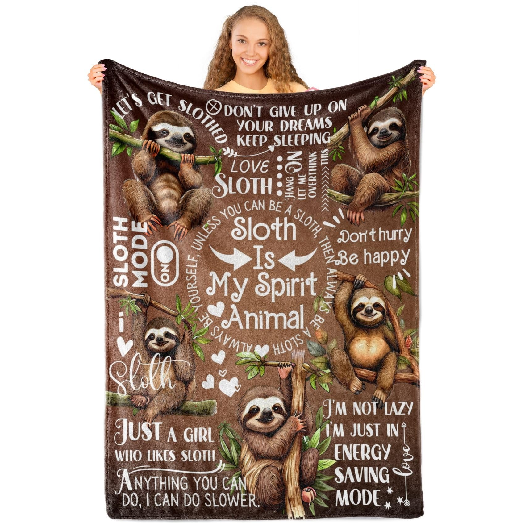 INNObeta Sloth Gifts for Women, Sloth Is My Spirit Animal, Funny Flannel Throw Blanket for Women, Girls, Teens, Brown, 127x165cm
