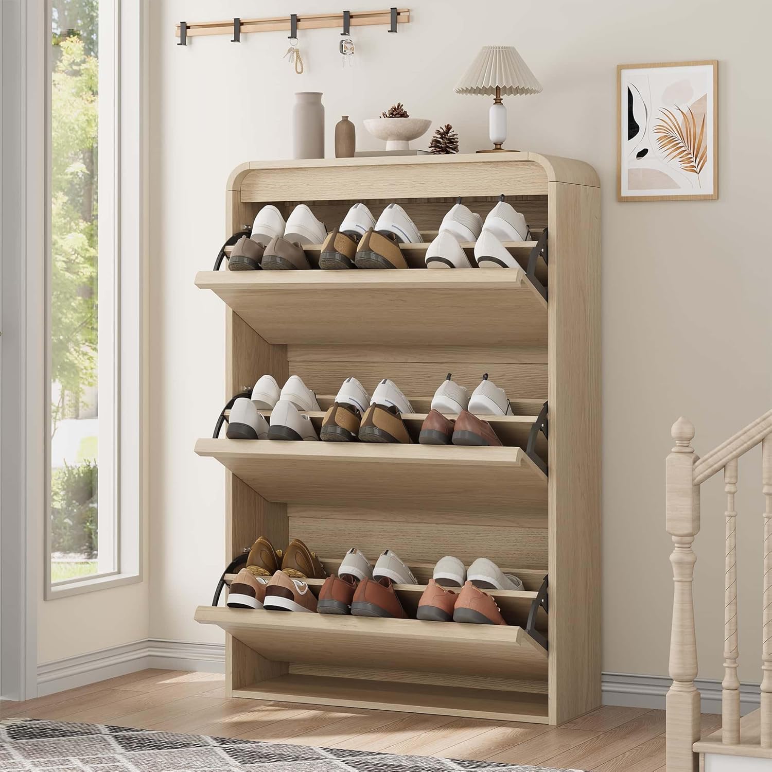Shoe Cabinet with 3 Flip Drawers, Wooden Shoe Cabinet with Adjustable Shelf & Curved Profile Design, Hidden Shoe Cabinet for Entryway, Hallway, Living Room, Natural