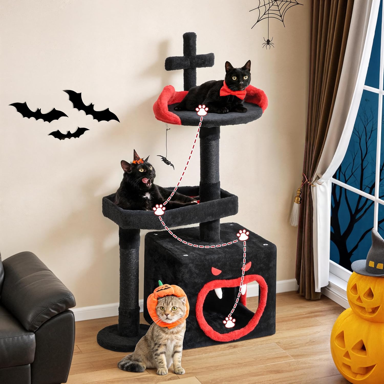 DWVO Gothic Halloween Cat Tree: 38.5in Tower with Coffin Bed, Top Perch, Spacious Condos, Spider Playthings for Indoor Cats Kittens