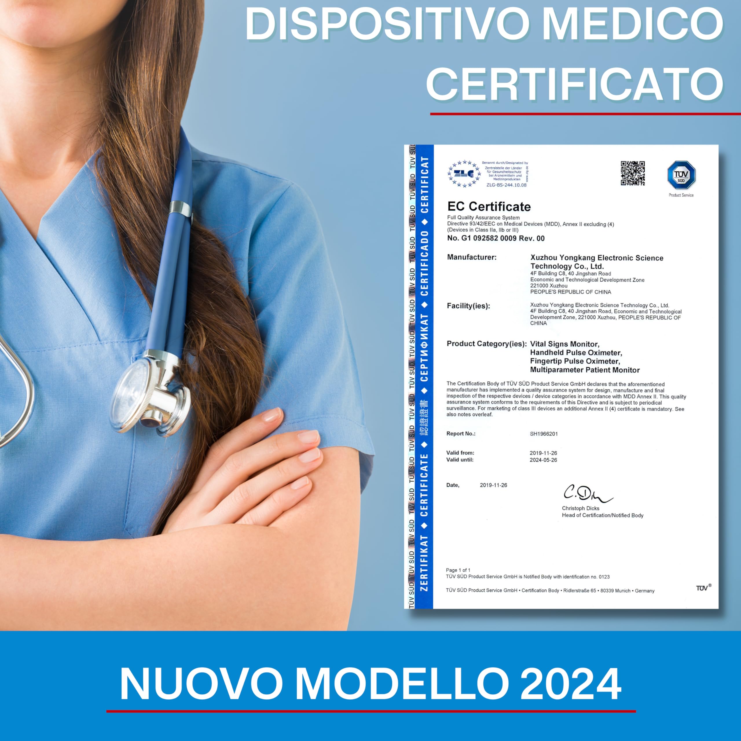 Saturimetro da Dito Professionale Certificato, Pulsossimetro da Dito Portatile, Completamente regolabile, Display OLED a 2 Colori, Misurazione SPO2 e Frequenza cardiaca, per Uso Domestico e Sportivo