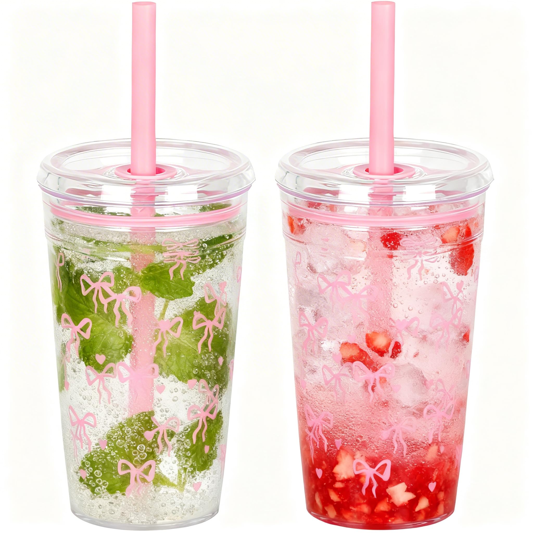 Yisituo 450ml Reusable Iced Coffee Cup, 2 Pack Clear Plastic Cups with Lids and Straws, Cold Cup, for Hot and Cold Drinks (2, Pink Butterfly)
