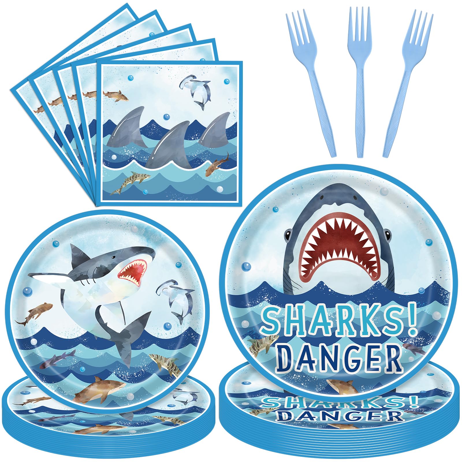 96 Pieces Shark Party Tableware Set – Ocean Shark Disposable Plates, Napkins, and Blue Forks for Kids Birthday Parties, Under the Sea Events, and Summer Celebrations – Serves 24 Guests