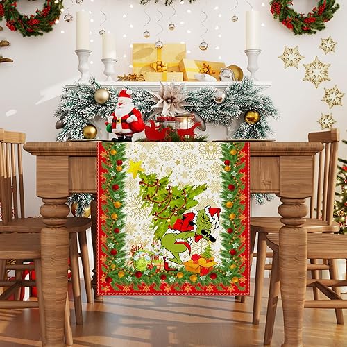 Miniatura 2 de Camino de mesa de Navidad verde con texto en inglés «Merry Christmas», mantel de Navidad, invierno, vacaciones, hogar, cocina, comedor, decoración