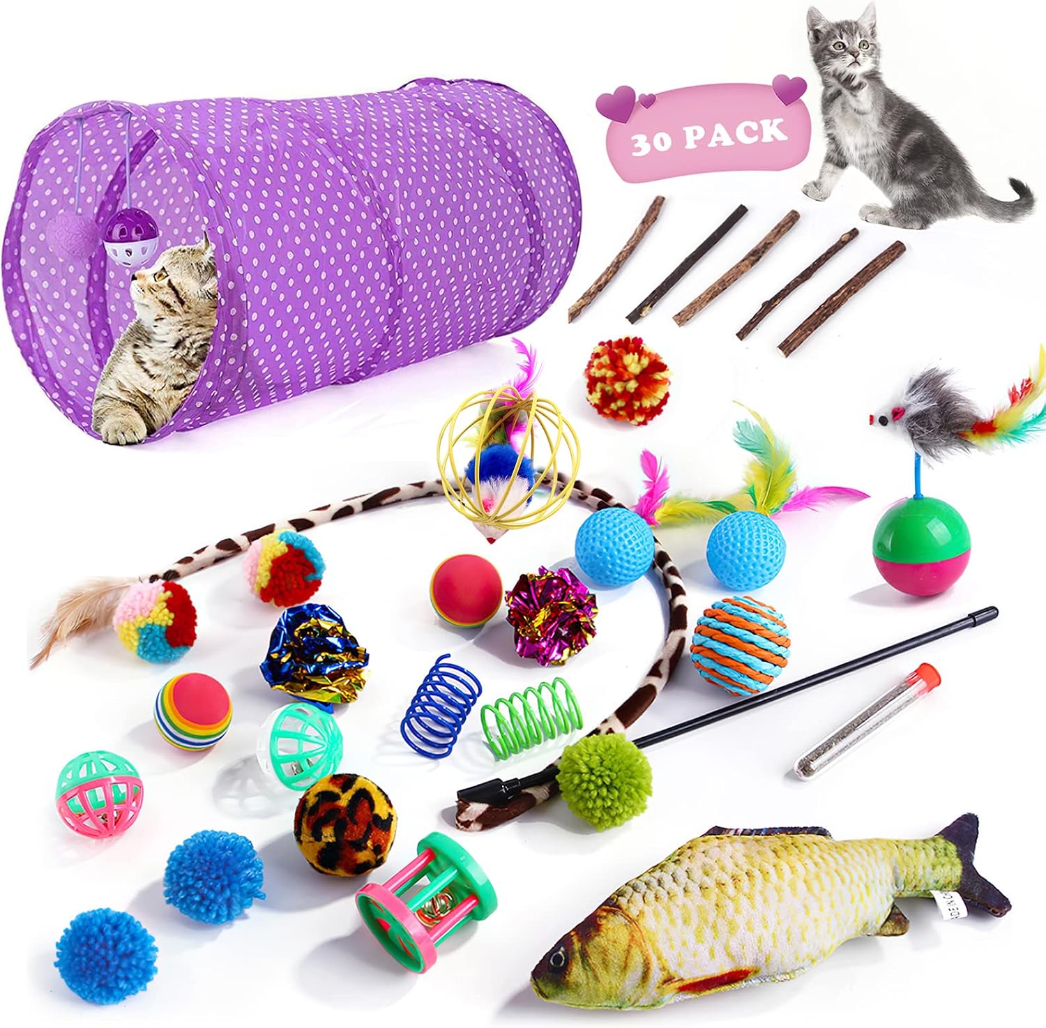 FAM MITGLIE 30 pcs Cat Toys Kitten Toys Assortments, Variety Catnip Toy Set Includes Collapsible Cat Tunnels/Interactive Cat Feather…