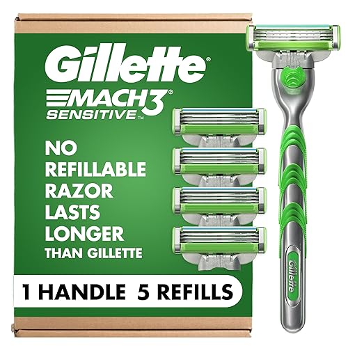 Gillette Mach3 - Maquinillas de afeitar sensibles para hombres, 1 mango, 5 recambios de cuchillas, diseñadas para pieles sensibles