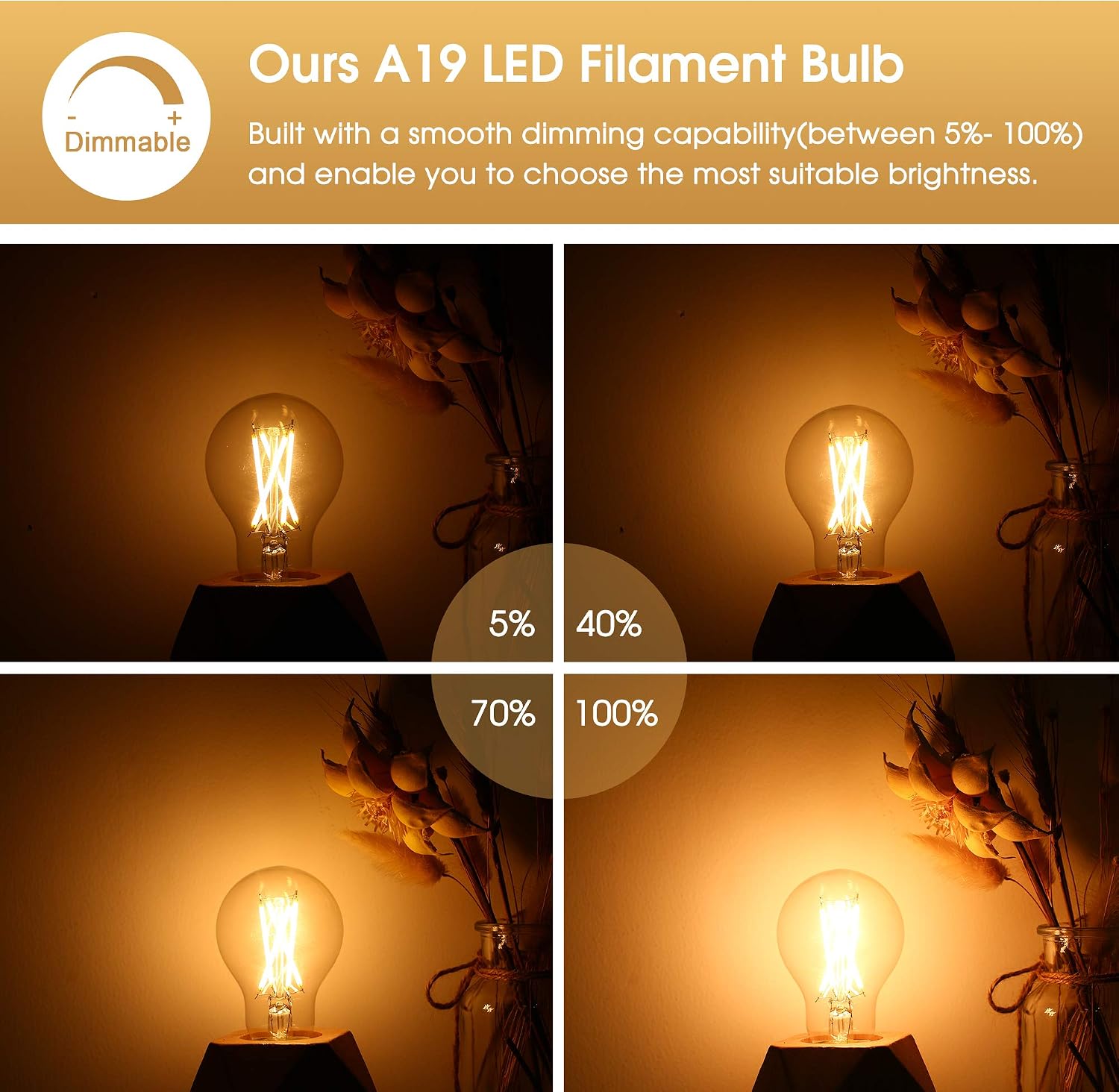 Dimmable A19 LED Edison Bulb 75W Equivalent, DORESshop 9W A19 Vintage LED Filament Bulb, 2700K Soft White, 900LM, Antique Style Decorative Bulbs for Cafe Home Office, Classic Clear Glass, 2Pack