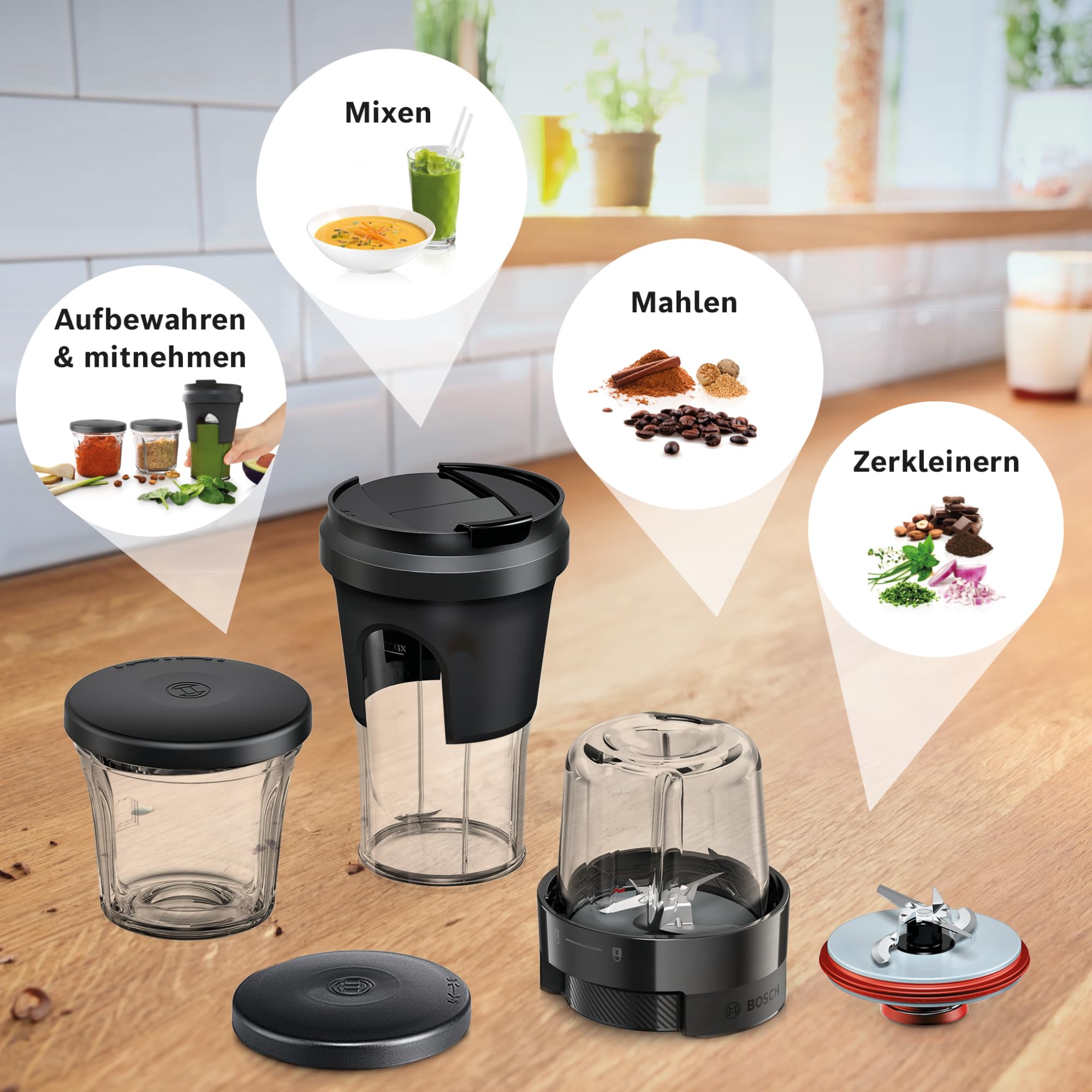 Bosch Multi-Zerkleinerer-Set MUZS68TM, 5-in-1, Mixen, Mahlen, Hacken, Aufbewahren, ToGo-Becher, Zubehör passend für Küchenmaschine Serie 6, Serie 8, OptiMUM