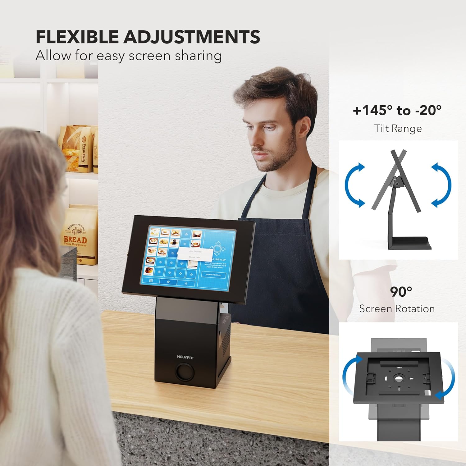 Mount-It! iPad Kiosk Stand with Printer Shelf, Locking Anti-Theft Tablet POS Stand for Countertop Checkout, 90° Rotation & +145°/-20° Tilt, Compatible with iPad 7–11, Air & Pro, Black