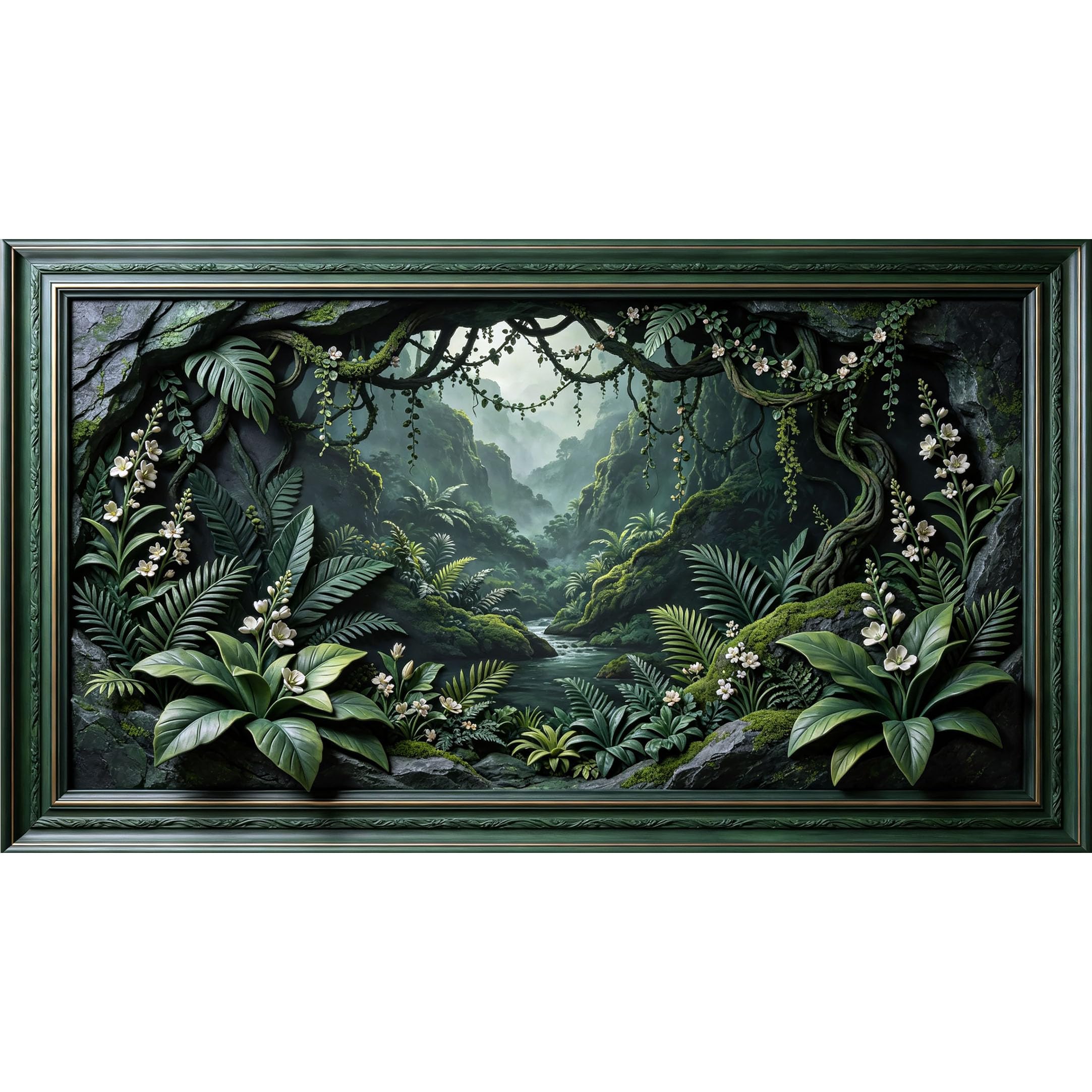 QZLITHOTIC 50×90cm3D Framed Wall Art， Tropical Jungle River Landscape 3D Trompe l'oeil Self?Adhesive Mural， Water?Activated Peel & Stick Fabric Decor Wall Decal for Bedroom Living Room