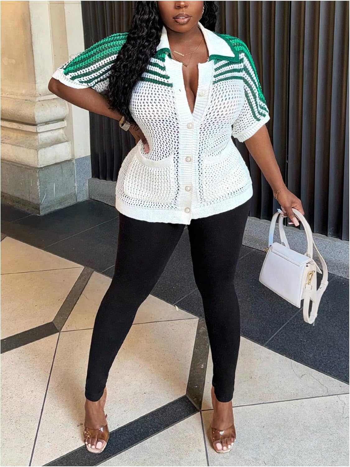 MakeMeChic Women's Striped Crochet Cardigan Sweater Tops Summer Short Sleeve Hollow Out Sweater - Image 3